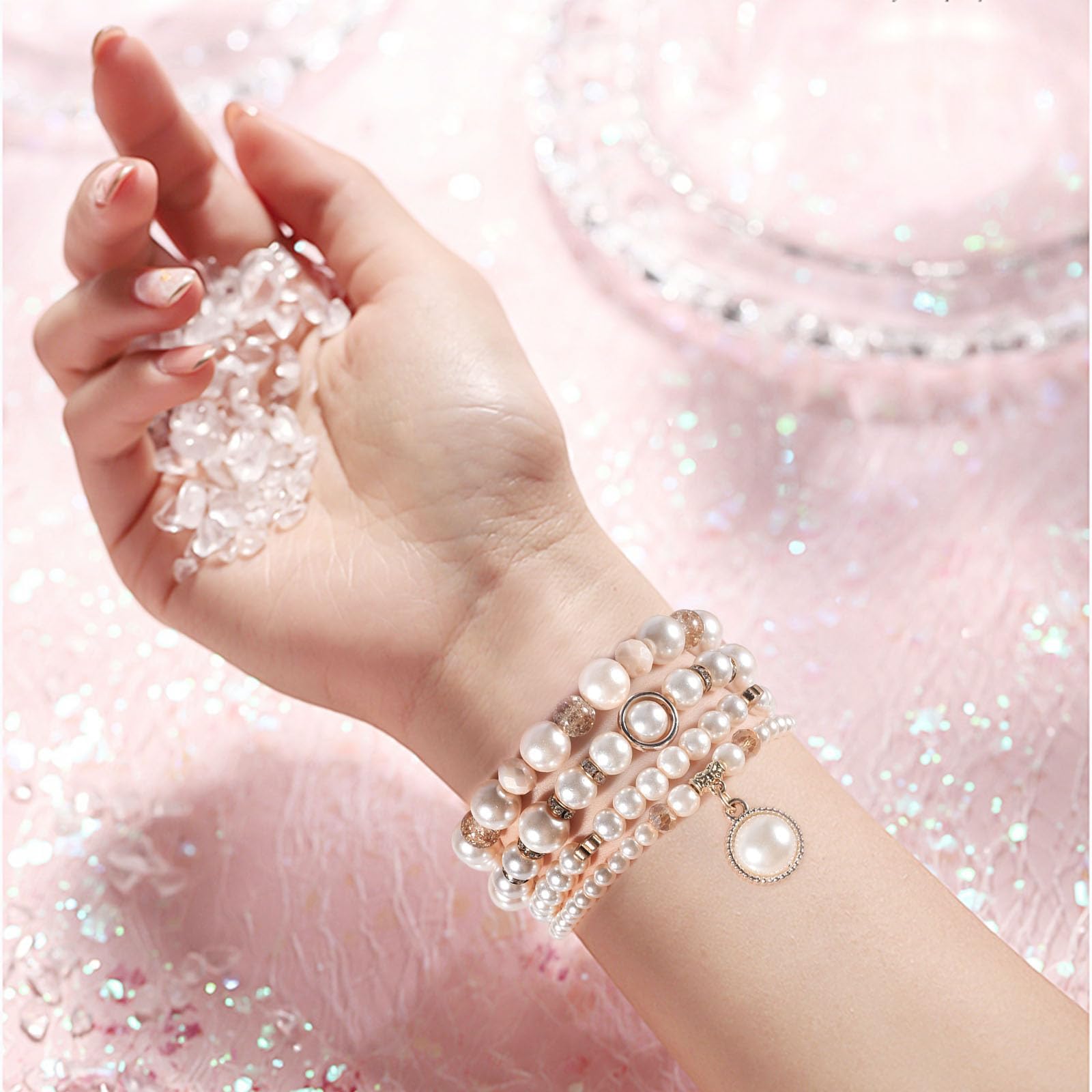 V-MORO Stretchy Pearl Bracelet Compatible with Apple Watch 38/40/41/42/44/45mm - Rose Gold Fashion Jewelry Band for Women - Perfect for iWatch Series 9/8/7/6/5/4/3/2/1/SE - Elegant Accessory for Work, Parties & Daily Wear