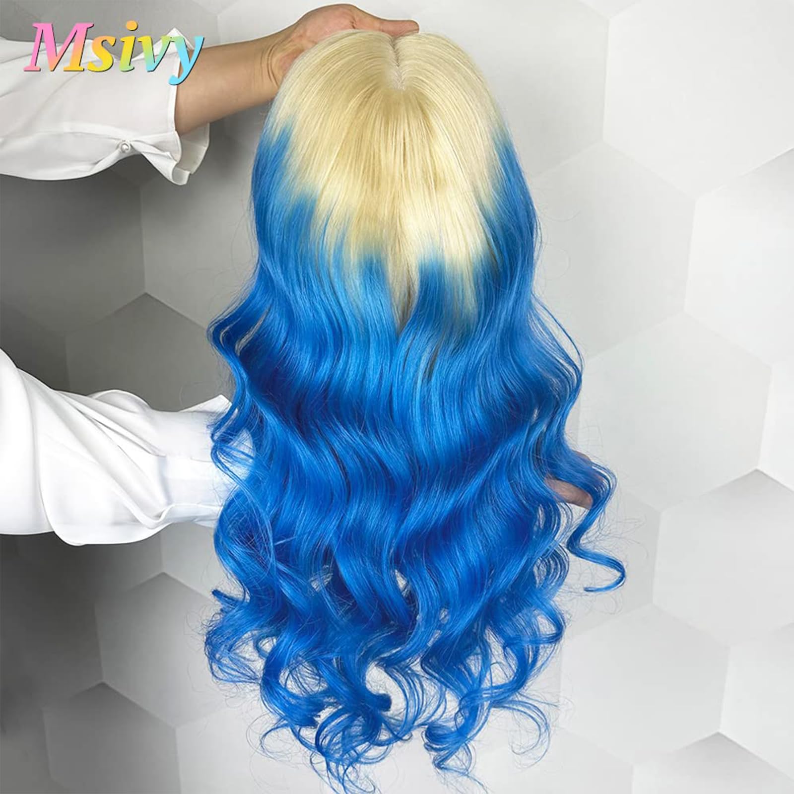 Blonde Blue Ombre Human Hair Wig - 13x4 Lace Front HD Transparent Glueless 180 Density 24 Inch - Perfect for Cosplay, Halloween, Parties & Special Events