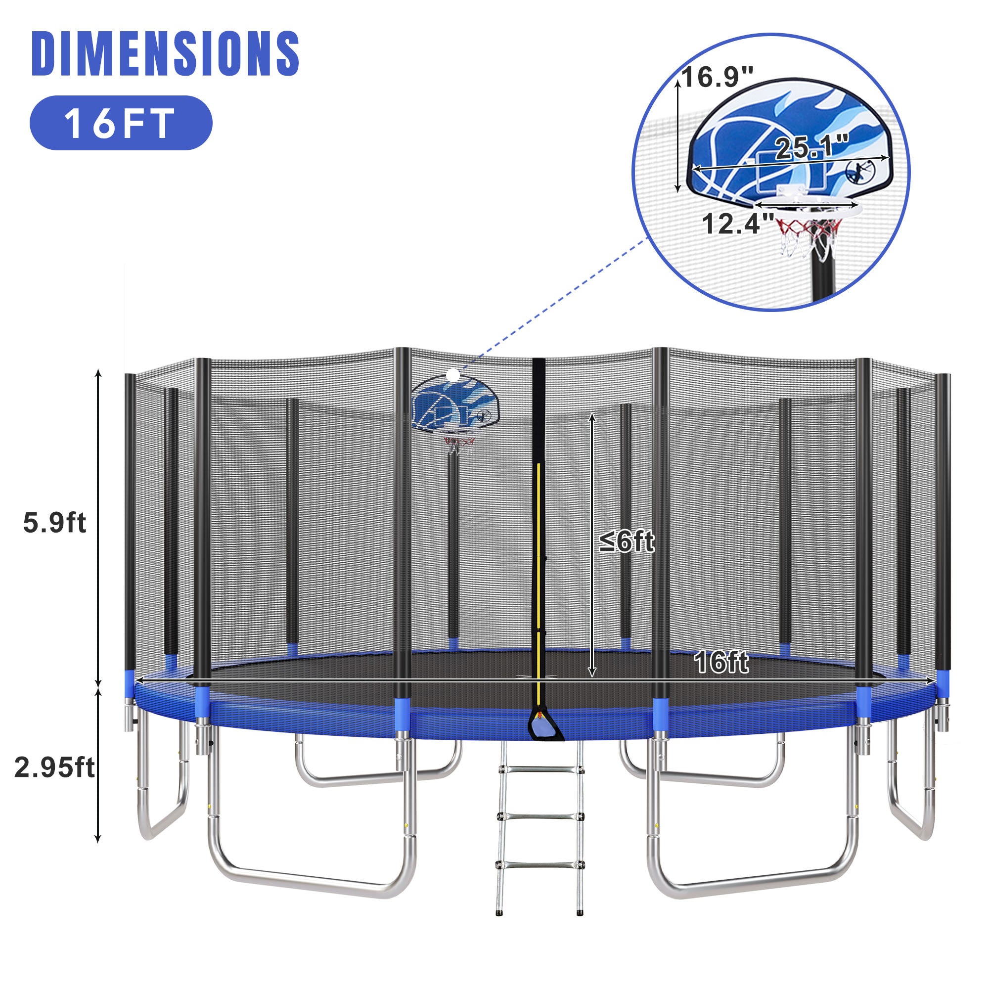 16FT Kids Trampoline with Safety Enclosure Net, Basketball Hoop & Ladder - Easy Assembly Outdoor Round Trampoline for Backyard Fun & Exercise