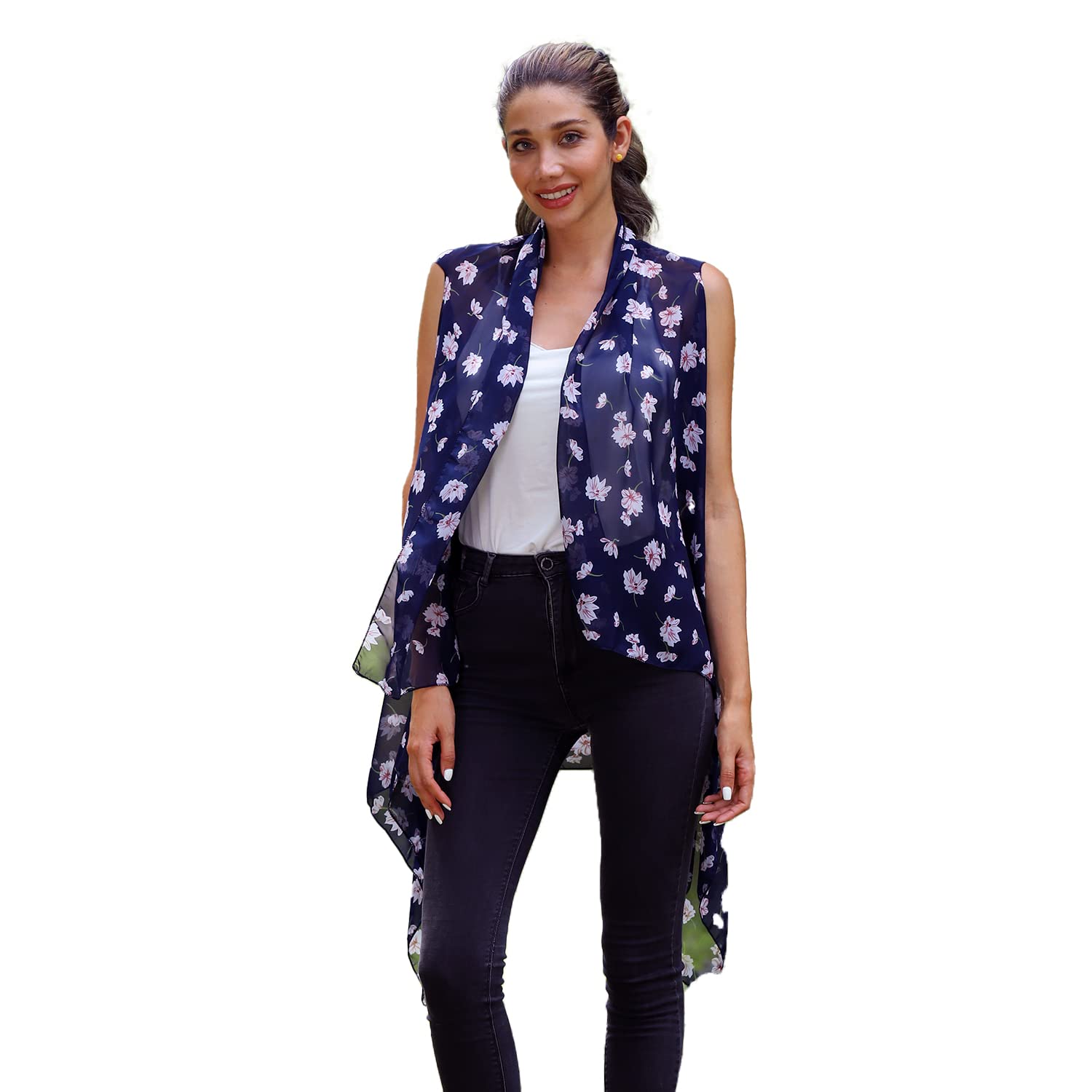 Shop LC Jovie Floral Print Chiffon Sleeveless Waterfall Cardigan - Lightweight & Breathable Summer Cover Up - Perfect for Graduation Gifts, Beach Weddings & Casual Outings