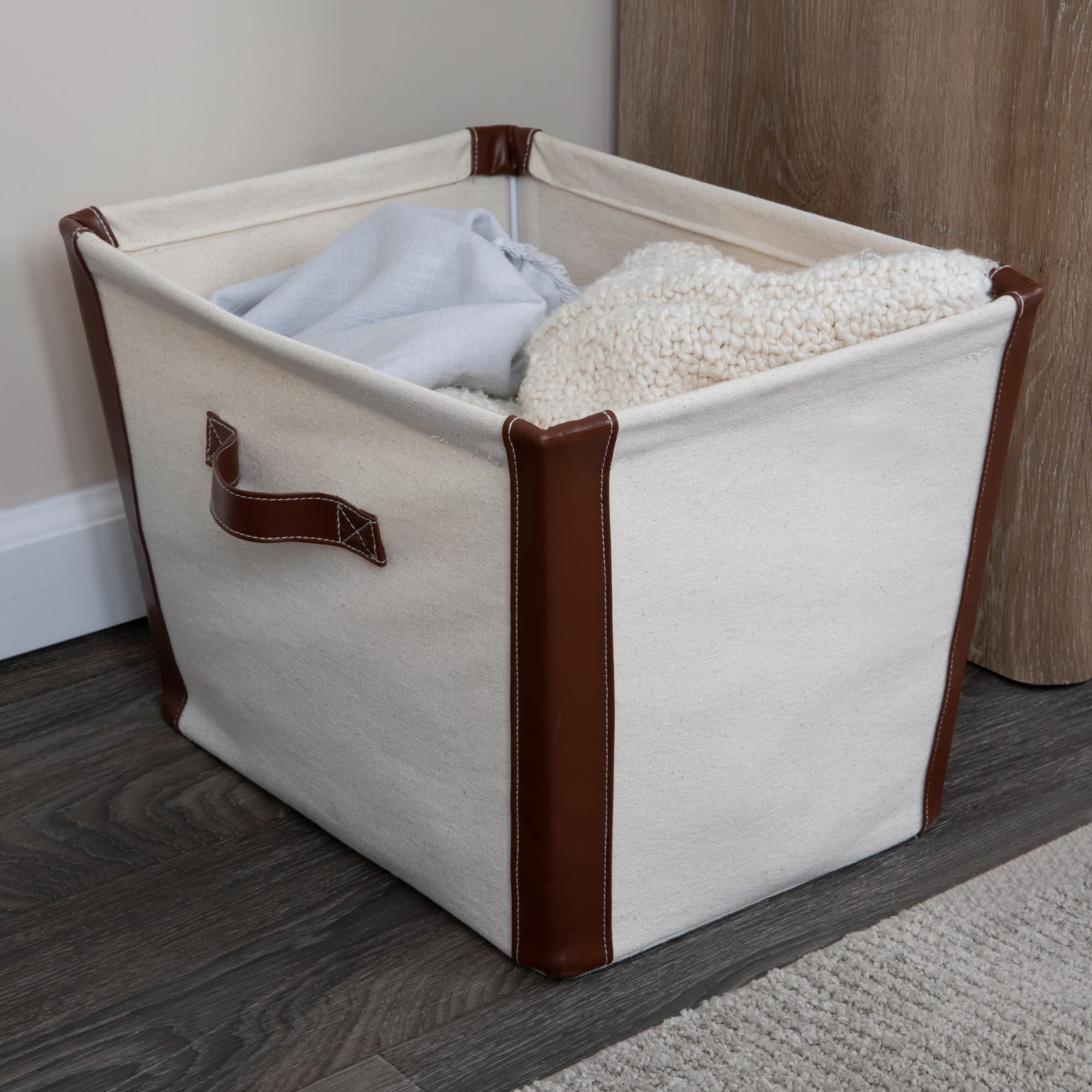 Eco-Friendly Canvas Storage Bin with Vegan Leather Trim - Perfect for Home Organization, Closet, Nursery & Office Storage