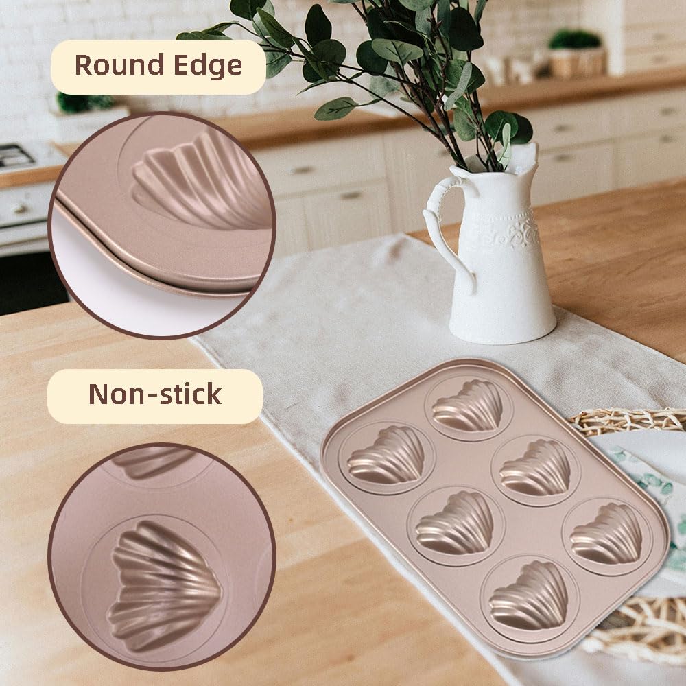 2-Piece Madeleine Mold Cake Pan Set - 6 Cavity Heart-Shaped Mini Tea Cake Pans for Baking | Perfect for Afternoon Tea, Dessert Parties & French Pastry Making