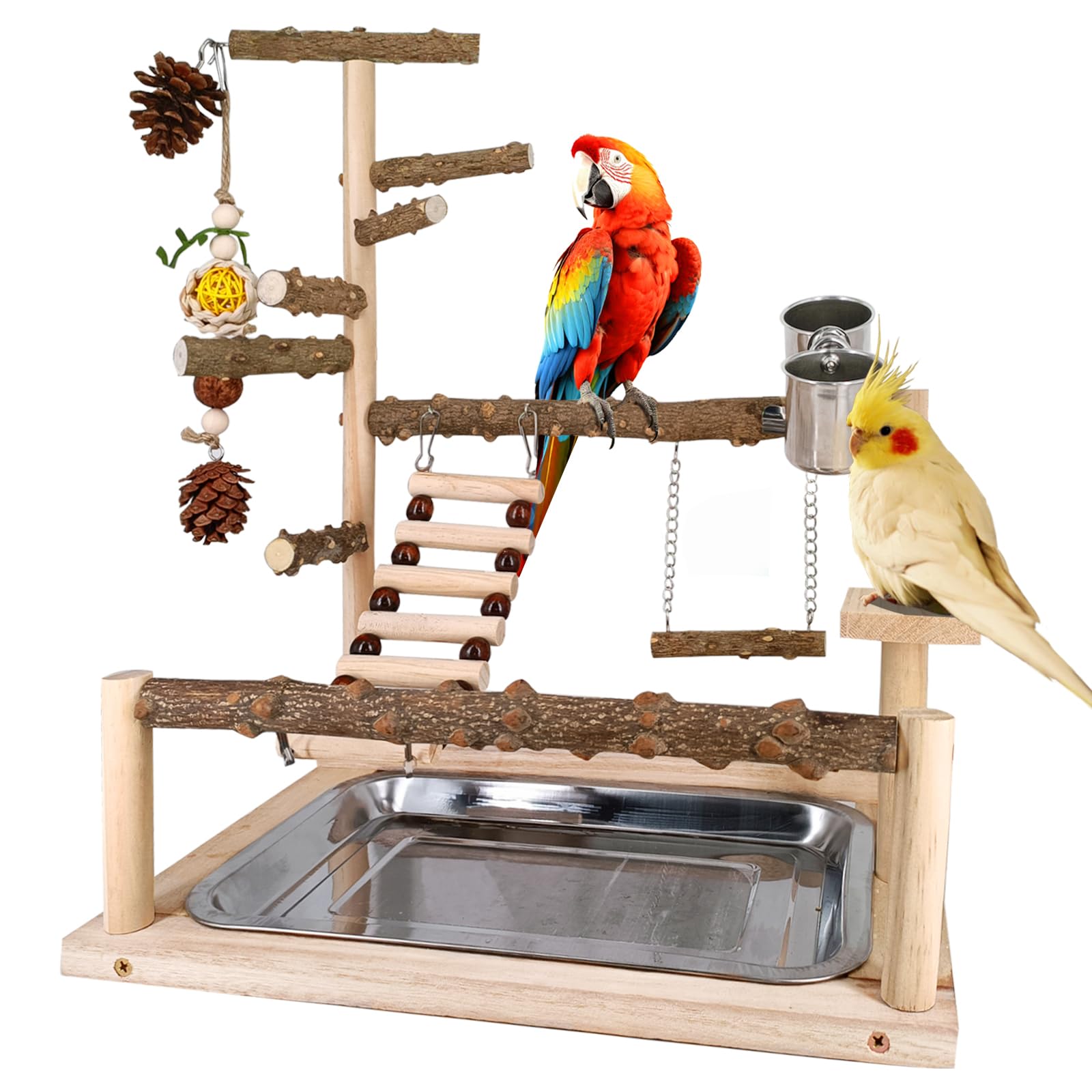 Natural Parrot Playground with Chew Toys, Perch Stand & Swing - Bird Cage Play Stand for Conure, Cockatiel, Parakeet | Includes Feeder Cups - Perfect for Bird Exercise & Entertainment at Home
