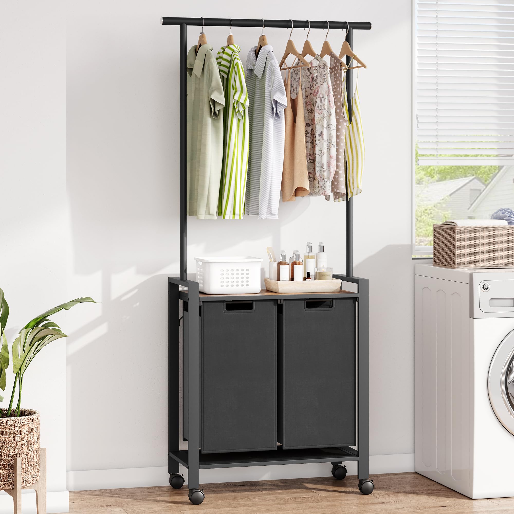 2-Section Rolling Laundry Hamper with Hanging Bar & Wheels - Heavy Duty Clothes Organizer for Bedroom, Bathroom, Dorm - Perfect for Sorting Dirty Clothes & Hanging Garments