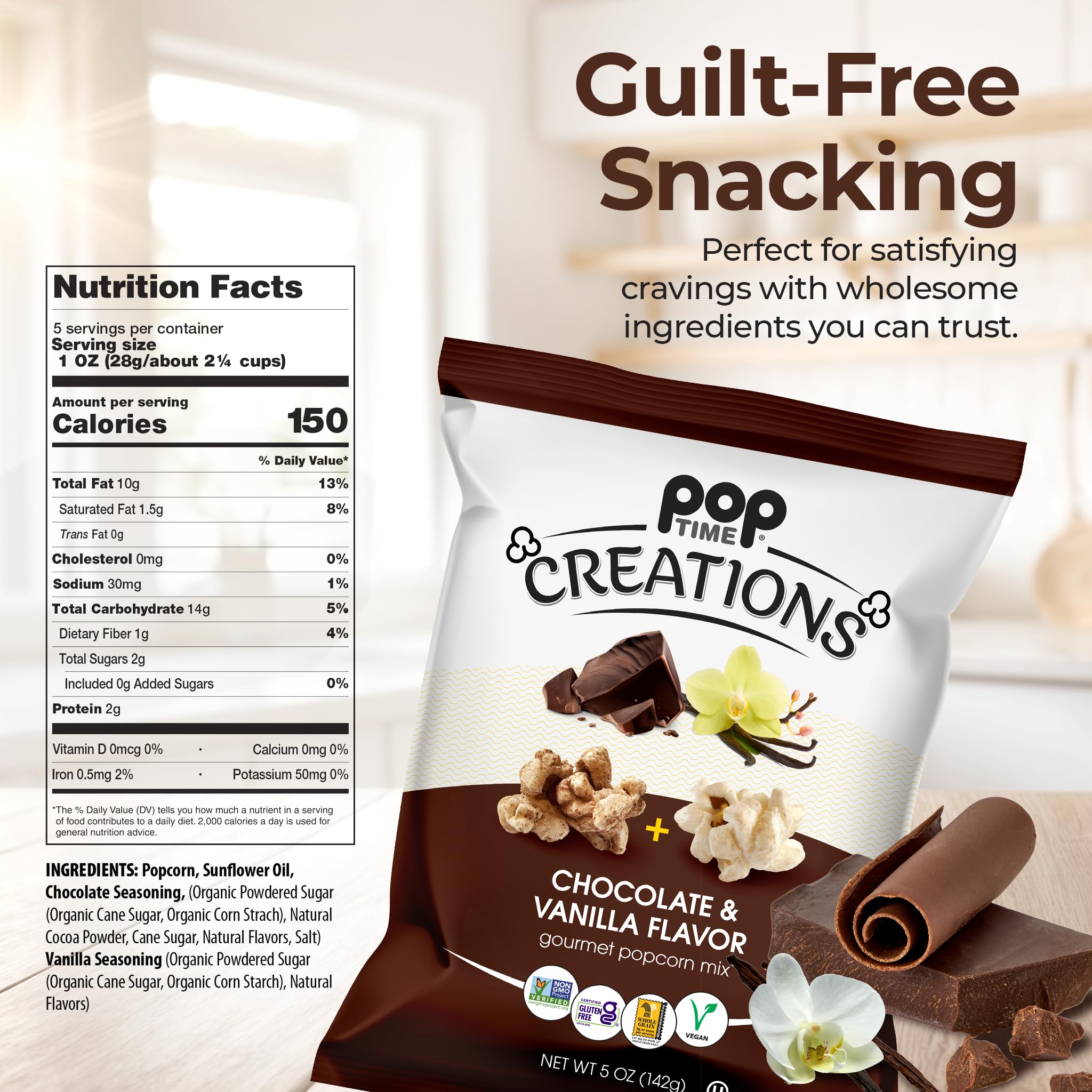 Poptime Creations Chocolate & Vanilla Flavored Popcorn - 6 Pack (5 Oz Bags) | Non-GMO, Gluten-Free, Vegan, Kosher Snacks | Whole Grain Healthy Treat for Movie Nights, Parties & Gifts
