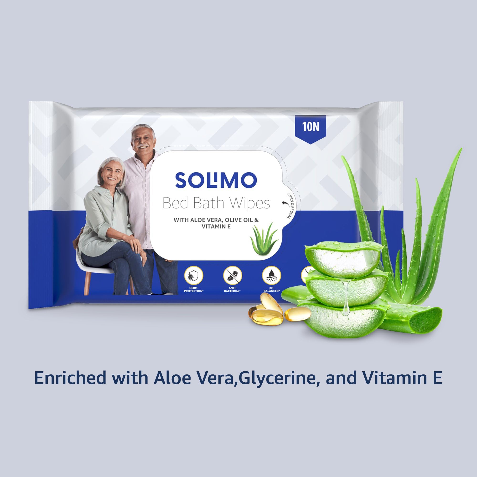 Solimo Adult Bed Bath Wipes - 100 Count (10 Packs x 10 Wipes) with Aloe Vera, Olive Oil & Vitamin E | Germ Protection, pH Balanced | Alcohol & Paraben Free | Ideal for Elderly Care, Post-Surgery Hygiene & Travel Convenience