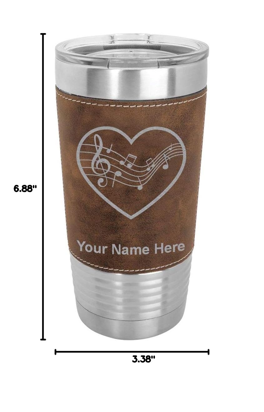 LaserGram 20oz Vacuum Insulated Stainless Steel Tumbler Mug with Music Staff Heart Design - Personalized Engraving, Faux Leather Base & Rustic Finish - Perfect for Coffee, Tea & Cold Drinks at Home, Office or Travel