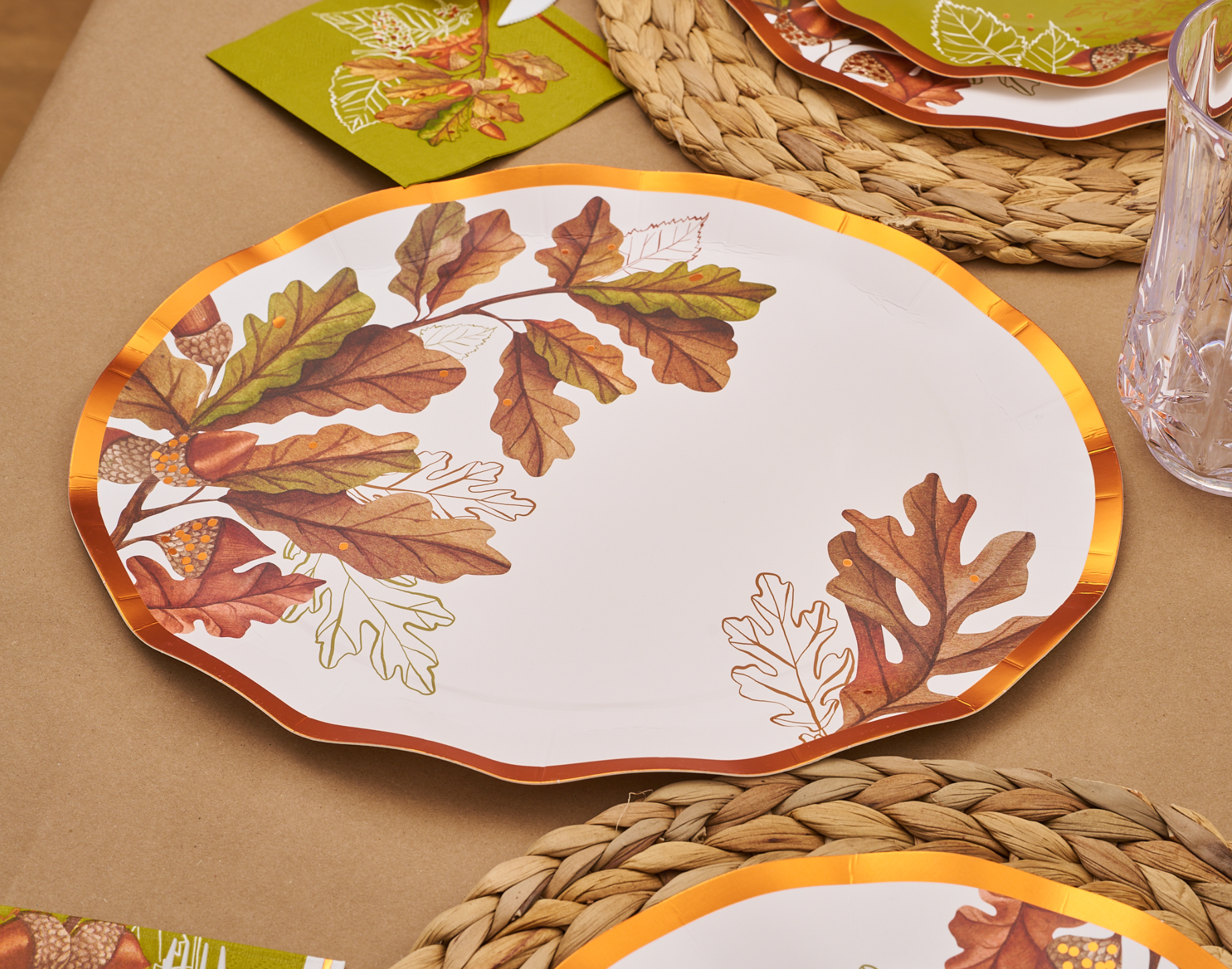 Acorn and Oak Wooden Table Setting Set - Rustic Farmhouse Dinnerware for Family Gatherings & Holiday Dining