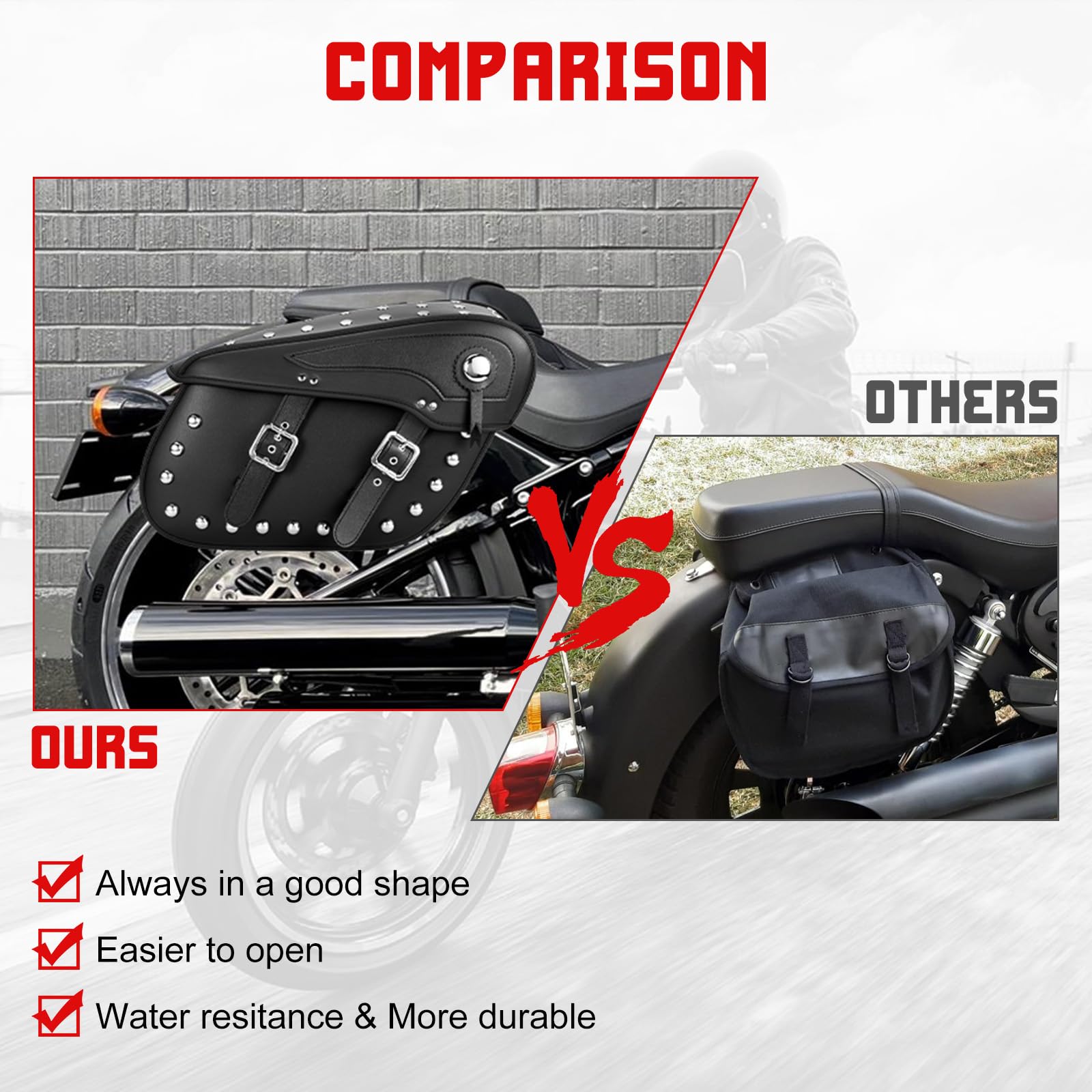 INNOGLOW Motorcycle Saddlebags - 2PCS Synthetic Leather Side Bags with Rivets, Waterproof Tool Storage for Harley, Kawasaki, Suzuki, Ducati Cruiser & Bobber - Perfect for Road Trips, Commuting & Adventure Riding