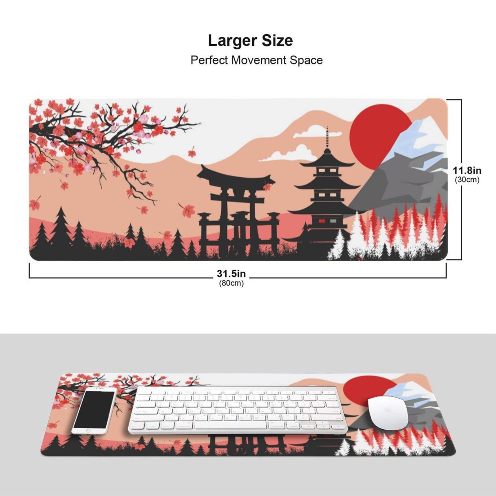 Japanese Mountain Cherry Blossom Gaming Mouse Pad - Extra Large 31.5''x11.8'' Non-Slip Rubber Base with Stitched Edges - Perfect for PC Gaming, Office Work & Home Computer Setup