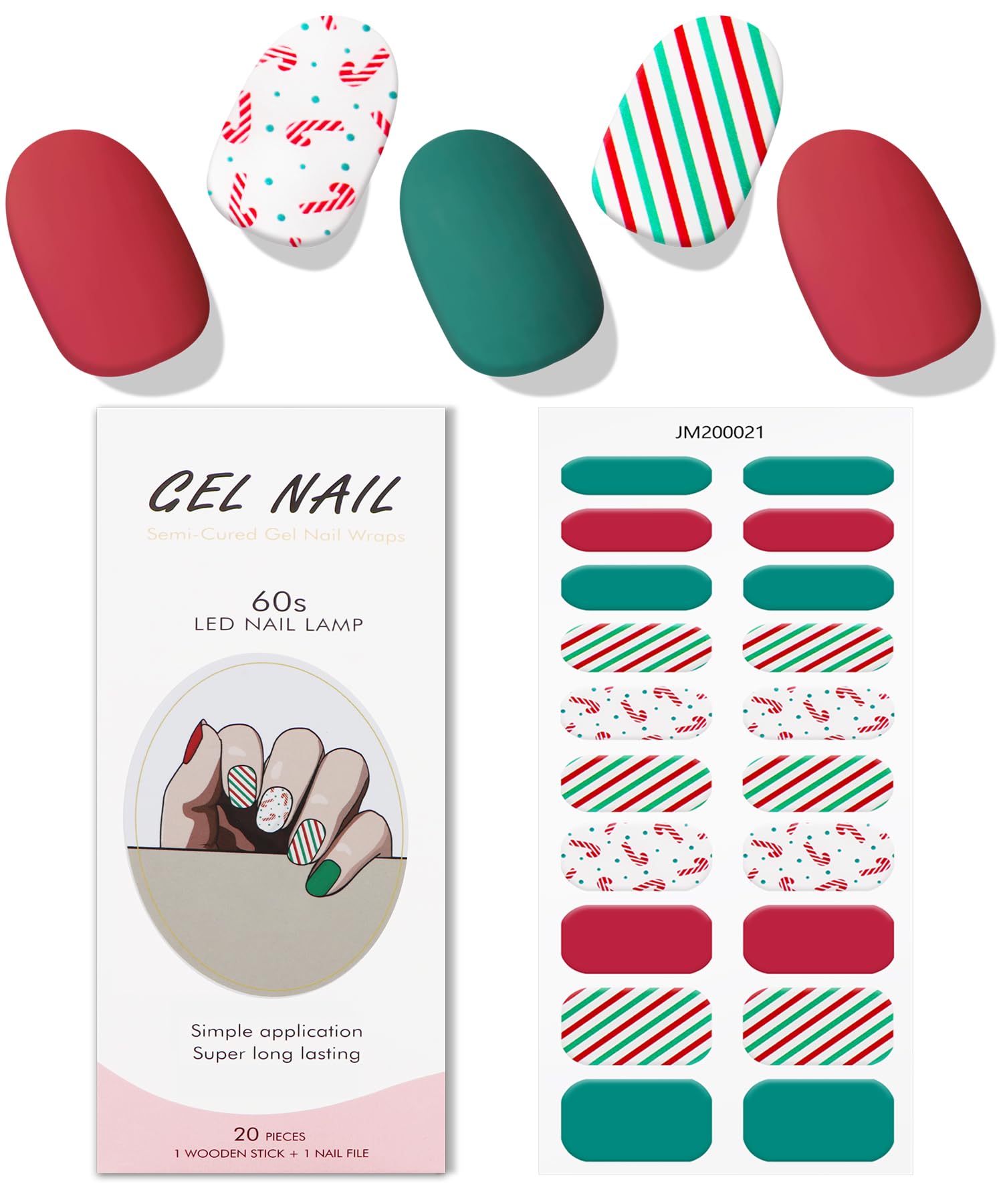 JMEOWIO Christmas Cute Green Red Semi-Cured Gel Nail Stickers - Long Lasting UV/LED Nail Strips for Holiday Nail Art Designs & Decorations - Perfect for Christmas Parties, Gifts & Festive Nail Looks