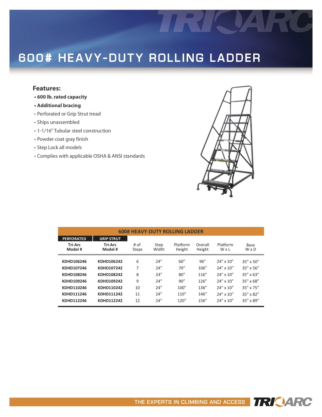 Tri-Arc KDHD108242 8-Step Heavy-Duty Steel Rolling Ladder for Warehouse & Industrial Use - Non-Slip Grip Strut Tread, Durable Construction - Perfect for Stocking Shelves, Warehouse Maintenance & Industrial Applications