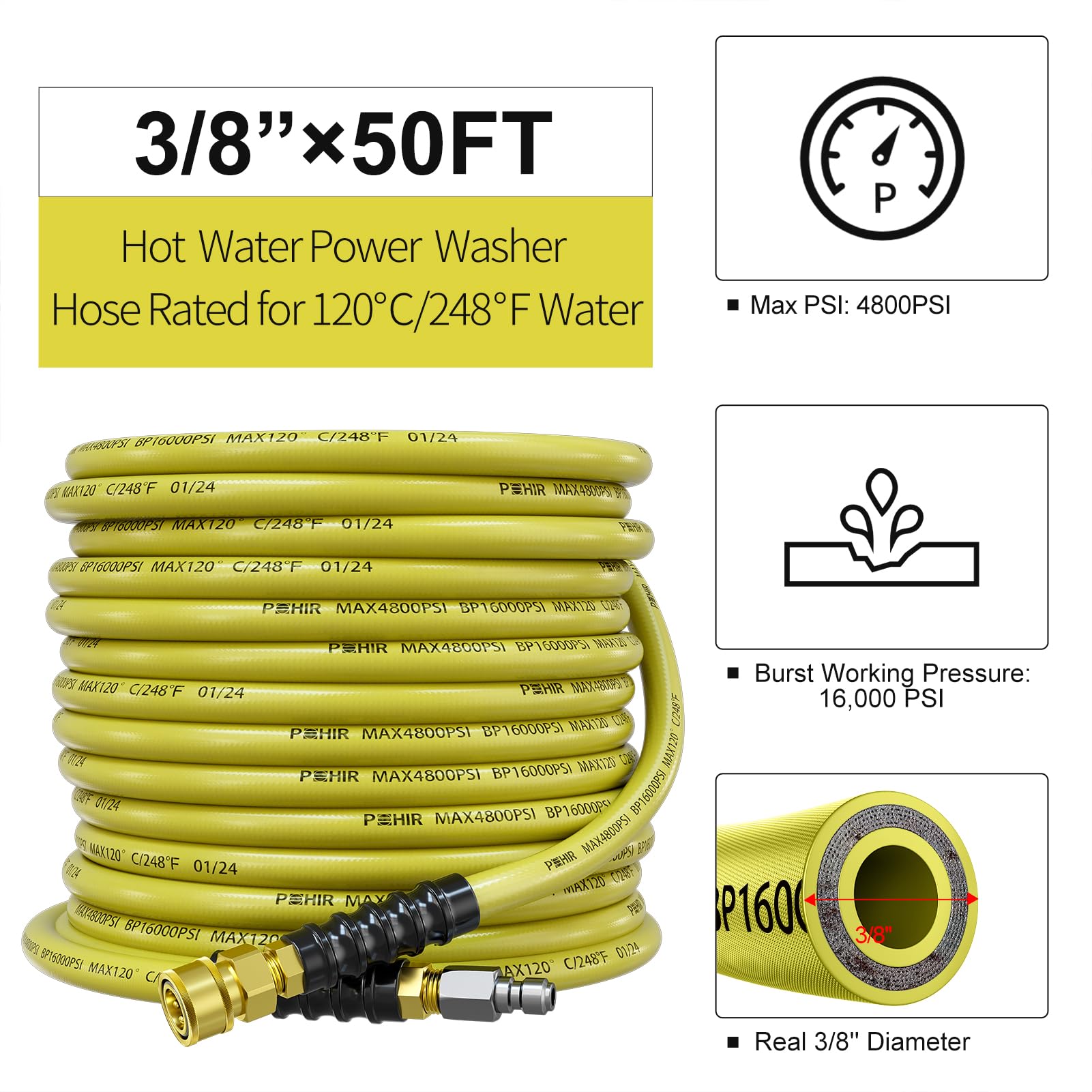 POHIR 50ft 4800 PSI Pressure Washer Hose - 3/8