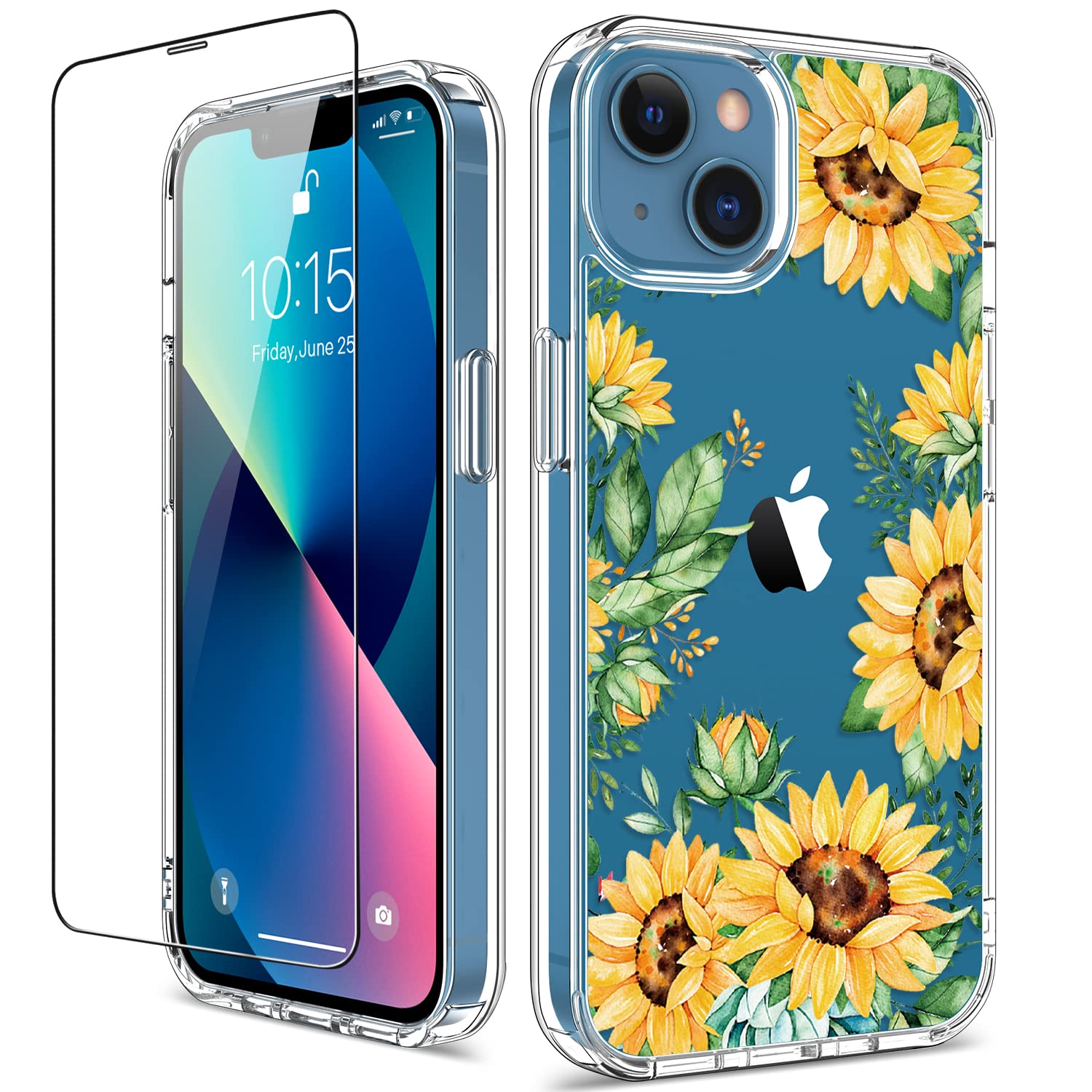 GiiKa iPhone 13 Mini Case with Screen Protector - 5.4 Inch Clear Shockproof Full Body Protective Case with TPU Bumper | Floral Design for Women & Girls | Yellow Sunflower Pattern | Perfect for Everyday Use, Travel & Outdoor Activities