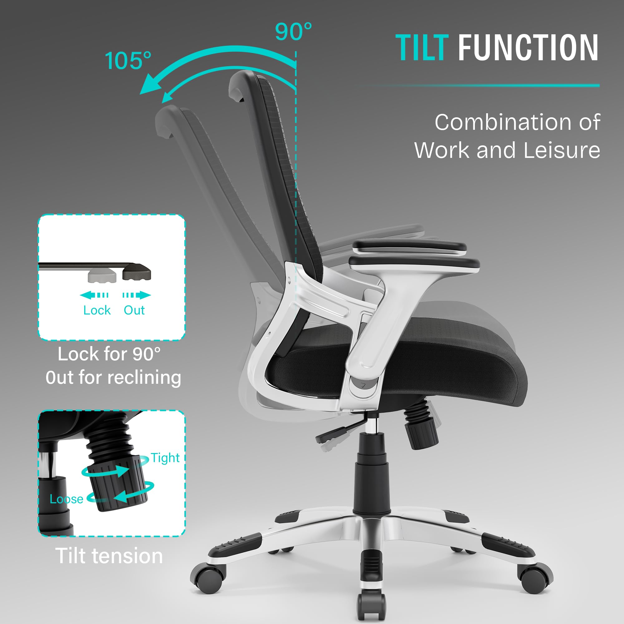 SUNNOW Ergonomic Office Chair - Adjustable Lumbar Support Mesh Computer Desk Chair with Flip-up Arms & Tilt Function - Wide Seat Executive Task Chair for Home Office - Perfect for Long Work Hours & Video Conferencing (Black)