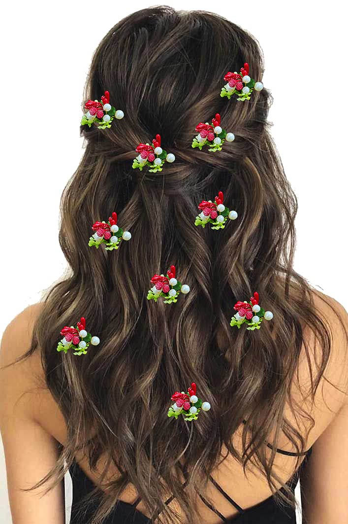 Artificial Mogra Hair Pins - Round Small Flower Hair Accessories for Women & Girls (Red, Pack of 10) | Bridal Wedding Hairpins, Juda Pins for Parties & Special Occasions