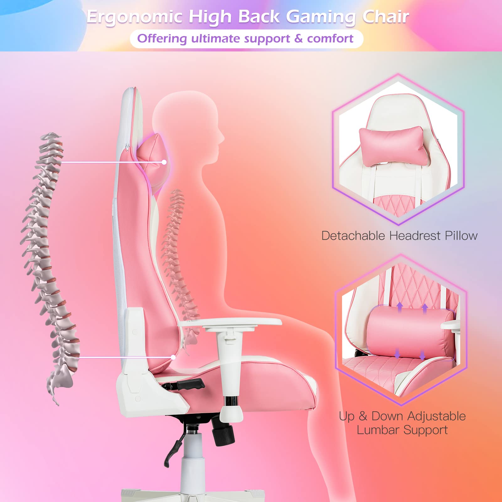Powerstone Ergonomic Massage Gaming Chair - Adjustable Armrest, High Back Swivel Racing Style Office Chair with Premium PU Leather (Pink/White) - Perfect for PC Gaming, Home Office & Esports Setup