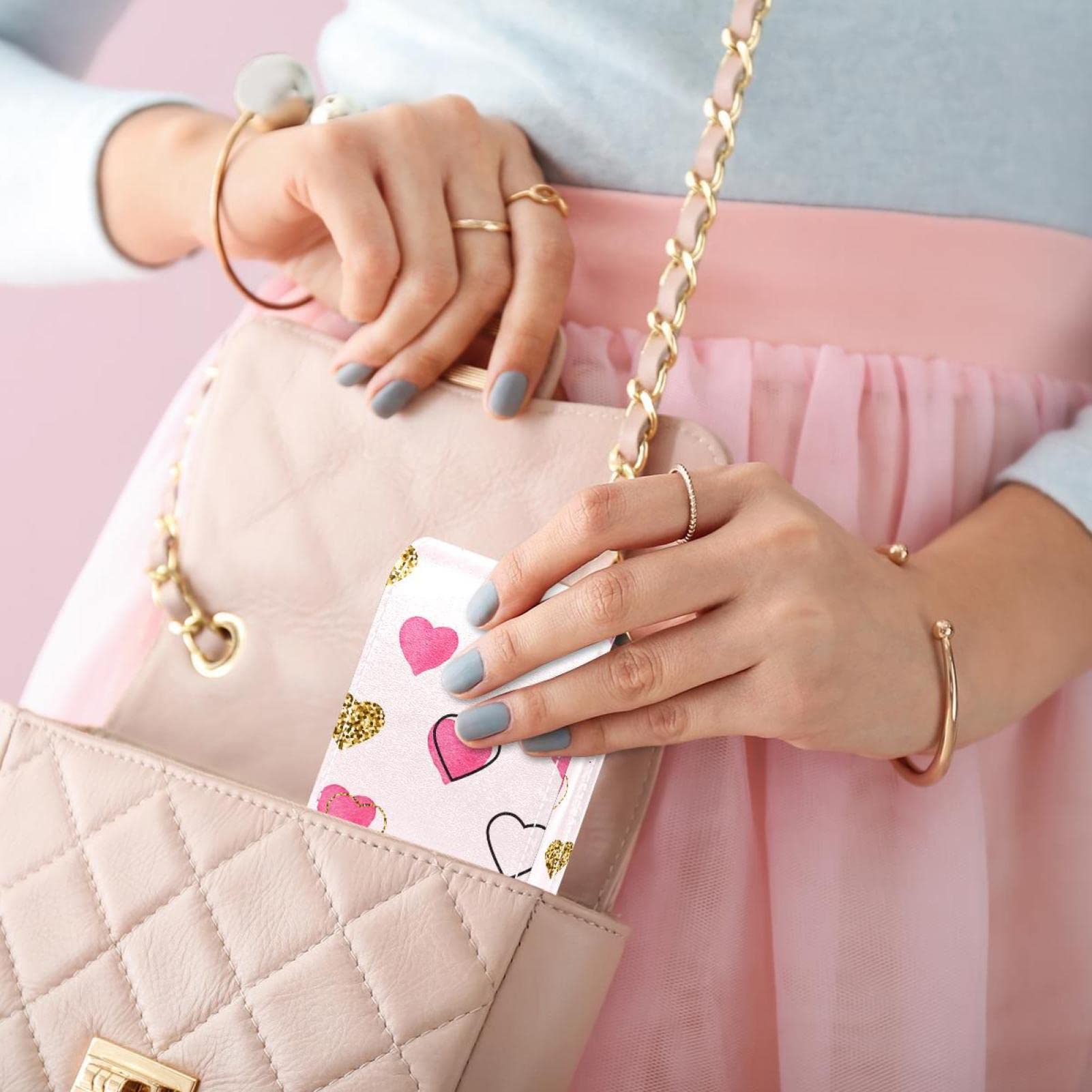 Personalized Lipstick Case - Portable Makeup Bag & Cosmetic Pouch Organizer (Pink, Gold, Grey) with Love Heart Pattern - Perfect for Travel, Gift & Daily Makeup Storage