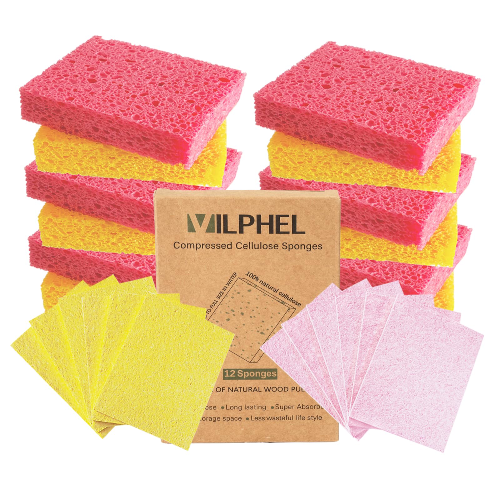12-Pack Natural Plant-Based Eco-Friendly Sponges | Organic Expandable Dish Sponges for Kitchen Cleaning | Biodegradable Household Sponges for Washing Dishes, Pots & Pans | Perfect for Eco-Conscious Homes & Sustainable Living