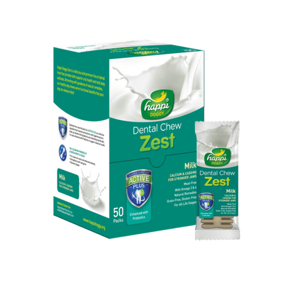 Happi Doggy Dental Chew Zest - 50 Pack Natural Grain-Free Dog Treats, 4 Inch Regular Size, 25g Each | Meat-Free, Gluten-Free | Promotes Oral Health & Fresh Breath for Dogs | Perfect for Daily Teeth Cleaning & Training Rewards