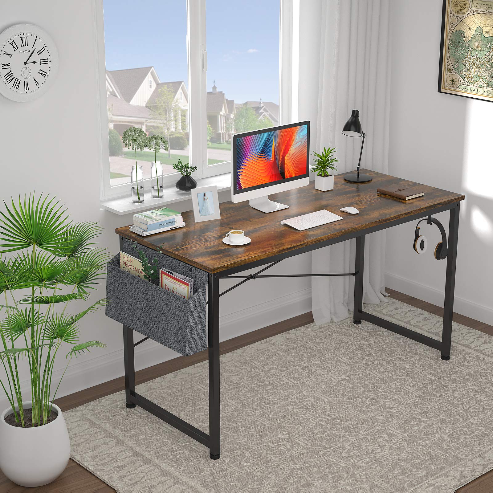 HomVent 47 Inch Modern Computer Desk - Home Office Writing Study Table with Storage Bag, Waterproof & Durable (Brown) - Perfect for Small Spaces, Work from Home, Online Classes & Gaming Setup
