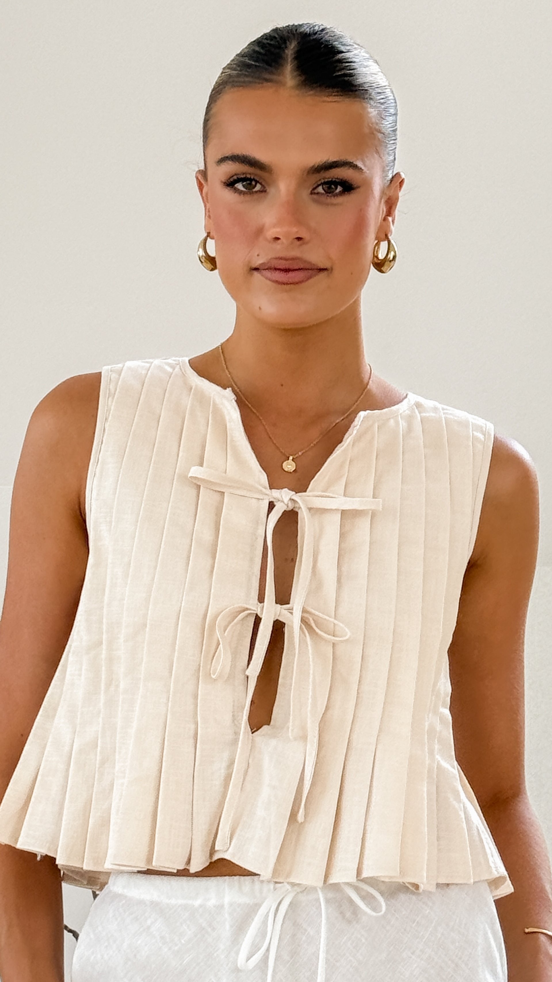 Hailey Tie Front Top Women's Casual Blouse Beige - Perfect for Office Wear, Date Night & Summer Outfits