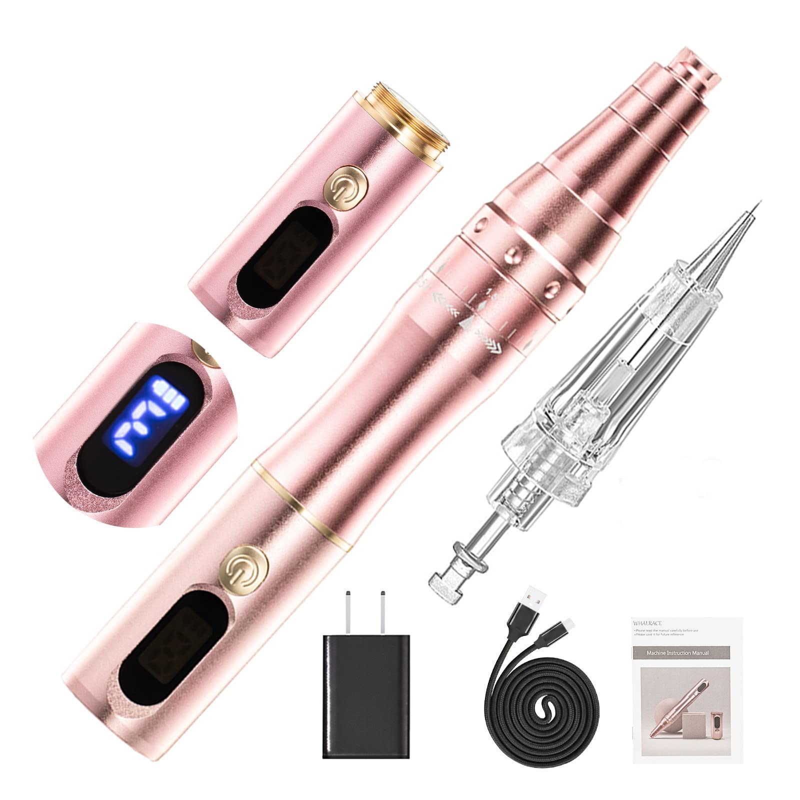 Professional Cordless Permanent Makeup Machine with Digital Display - PMU Tattoo Machine Kit Includes 2 Lithium Batteries & 10 PMU Needles (Rose Gold) | Ideal for Microblading, Eyebrow Tattooing & Cosmetic Procedures