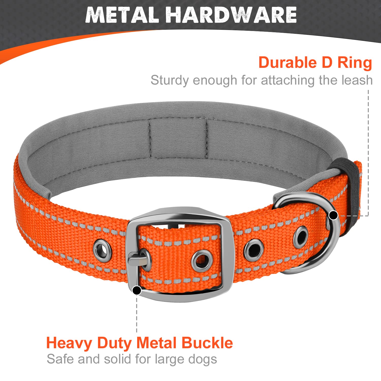 Joytale Heavy Duty Neoprene Padded Dog Collar for Large Dogs - Adjustable Reflective Pet Collar with Durable Metal Buckle for Walking, Training & Outdoor Safety (Orange, Large) - Perfect for Daily Walks, Hiking & Nighttime Visibility