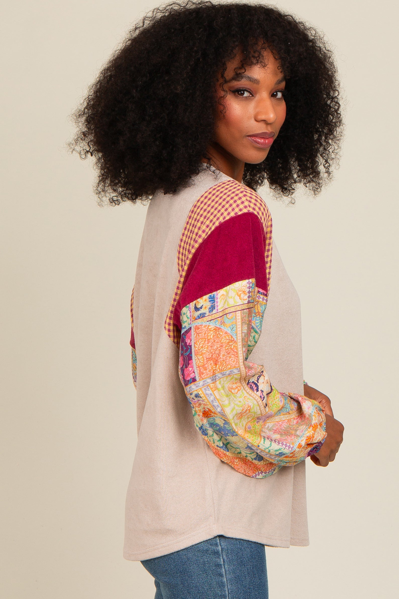 Beige Mixed Print Bubble Sleeve Blouse - Women's Fashion Tops for Casual Wear, Date Night & Office Outfits