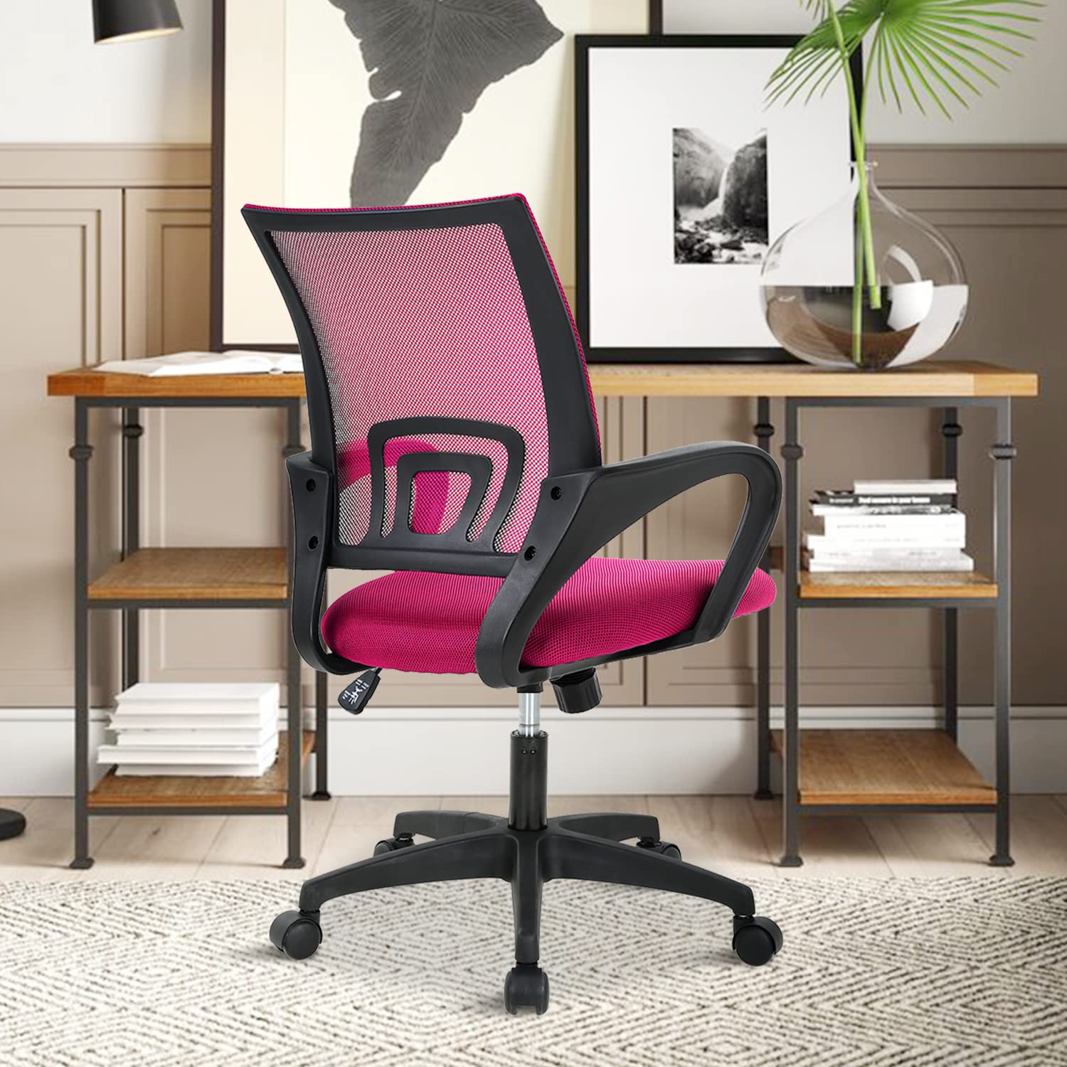 Ergonomic Pink Office Chair with Lumbar Support & Adjustable Armrests - Mesh Back Computer Desk Chair for Women, Mid Back Executive Task Chair with Rolling Swivel Base - Perfect for Home Office, Gaming Setup, and Kids Study Desk