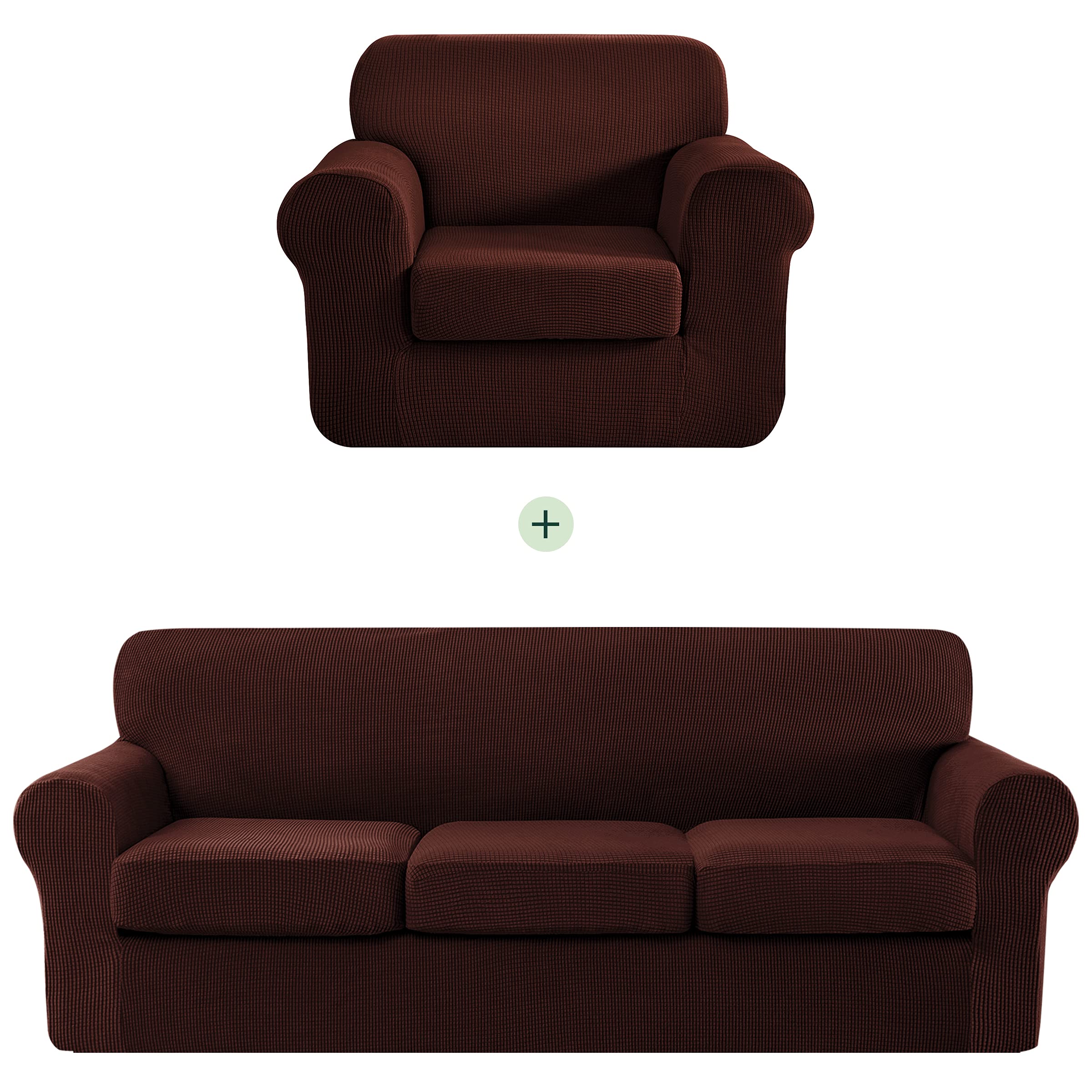 Stretch Sofa Slipcover Set for Couch & Armchair - 1-3 Seater Settee Cover with Separate Cushion Covers - Soft Spandex Fabric (Chocolate Brown) - Perfect for Living Room, Family Room & Home Decor Protection