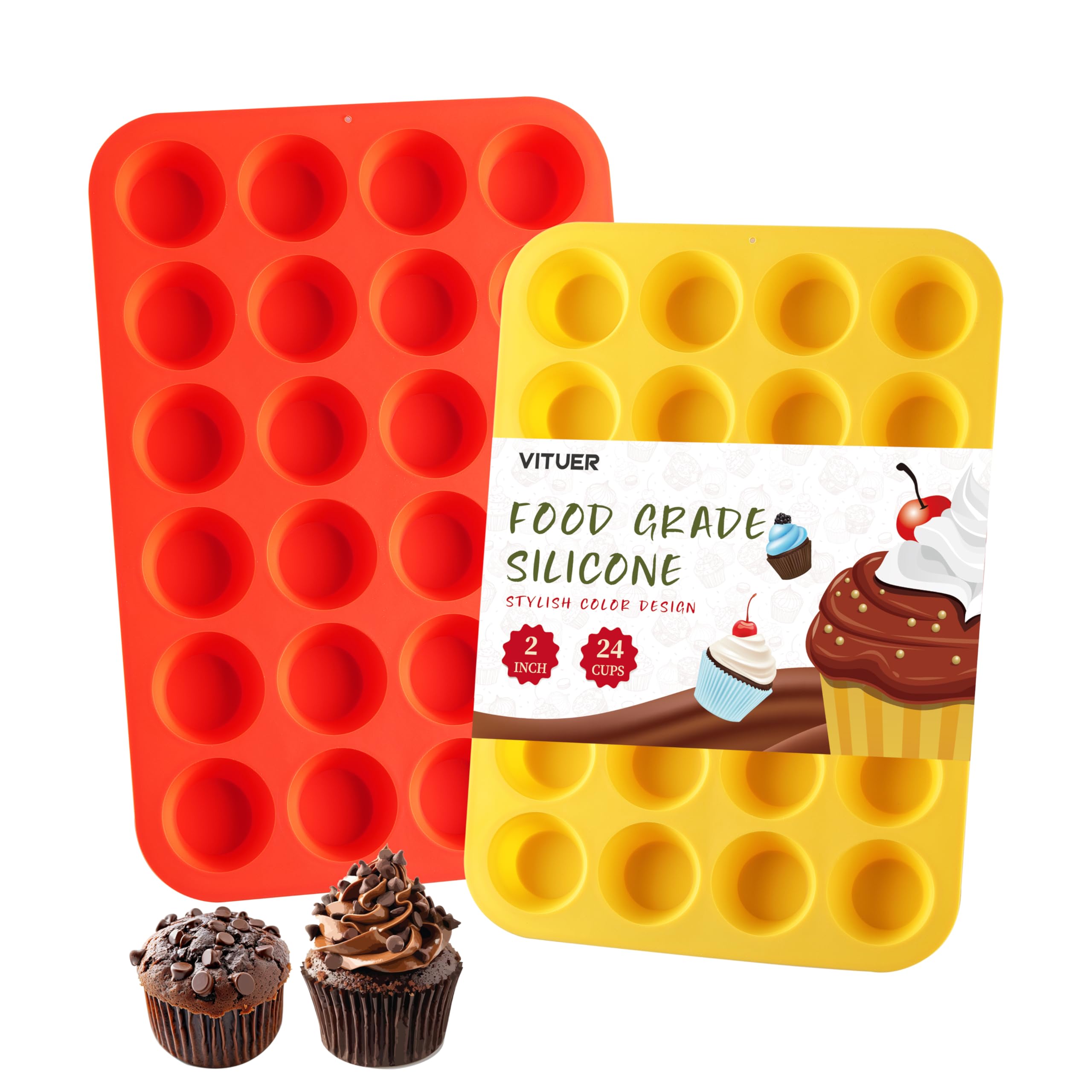 2PCS Non-Stick Silicone Mini Muffin Pan Set - 24-Cavity BPA Free Cupcake Baking Mold for Muffins, Cakes, Tarts & Bread | Dishwasher Safe (Red + Yellow) | Perfect for Home Baking, Party Treats & Holiday Desserts