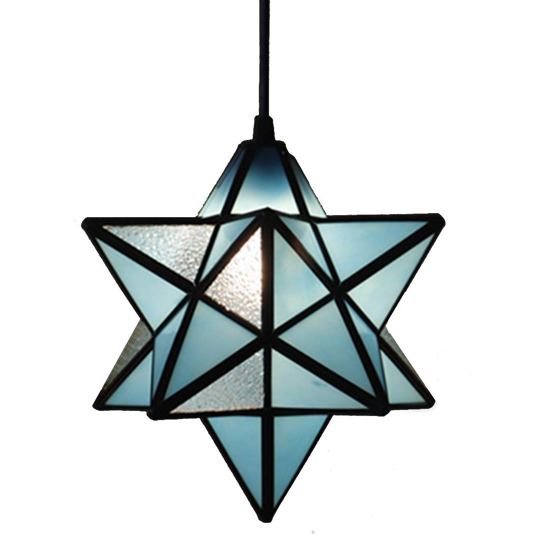 12 Inch Tiffany Style Moravian Star Pendant Lamp - Handcrafted Textured Glass Art Shade, Vintage Hanging Chandelier for Dining Room, Living Room, Cafe Decor (Seablue) | Perfect for Home, Restaurant and Wedding Lighting Decorations