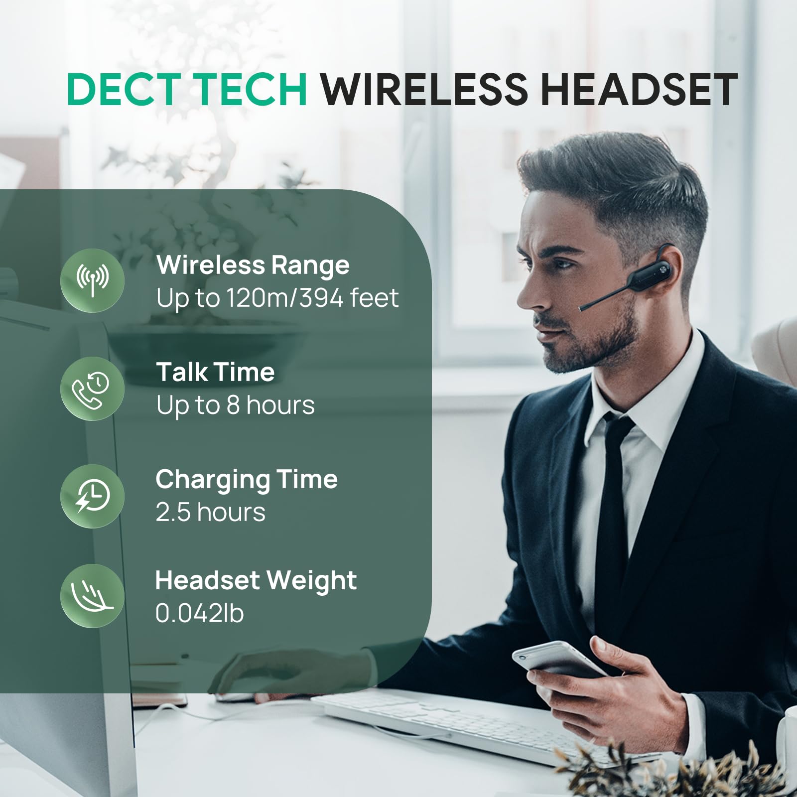 Yealink WH67 Wireless DECT Headset with Noise Cancelling Mic - Teams Certified Office Headset for Desk Phone, PC & Mobile | 394ft Range, 8H Talk Time | Perfect for Remote Work, Call Centers & Video Conferencing
