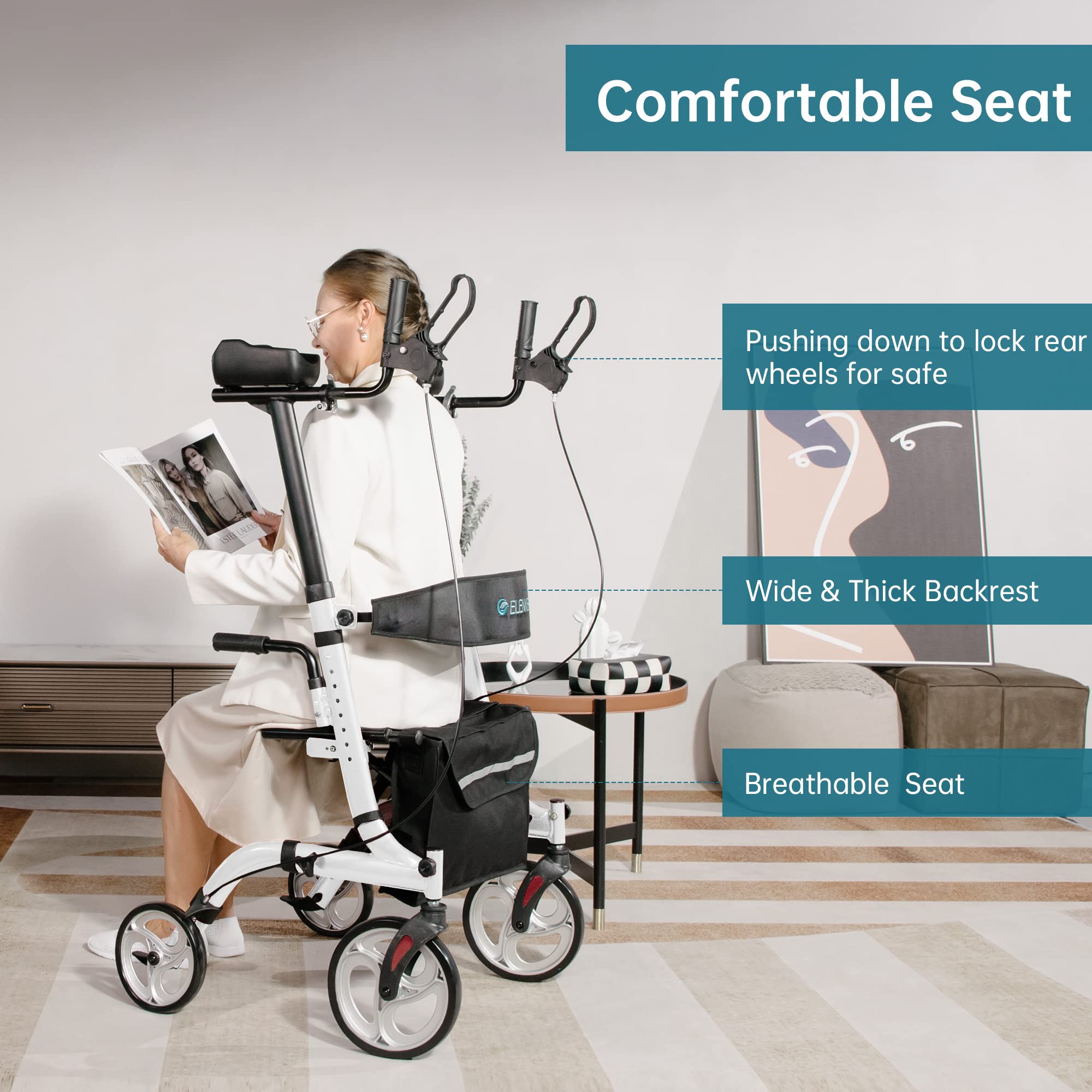 ELENKER Upright Walker with Seat - Foldable Rolling Mobility Aid for Seniors & Adults, Adjustable Height & Padded Armrests - Ideal for Indoor/Outdoor Use, Shopping & Rehabilitation (White)