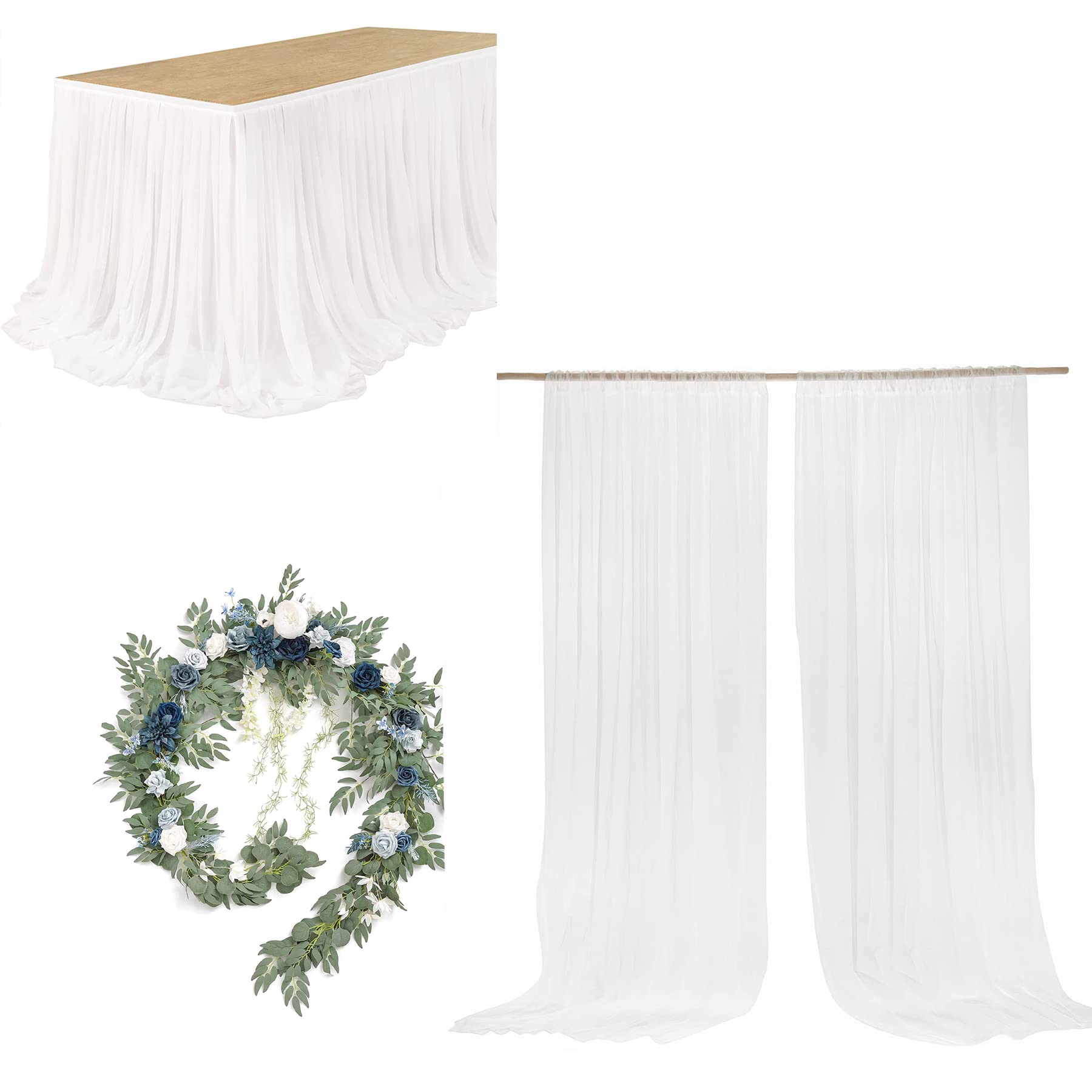 Ling's Moment 9FT Wrinkle-Free Wedding Table Skirt & Backdrop Curtains Set - 2 Panels 5ft x 10ft with 9FT Eucalyptus Willow Leaf Garland - Perfect for Wedding Decor, Bridal Shower, Baby Shower & Party Backdrops