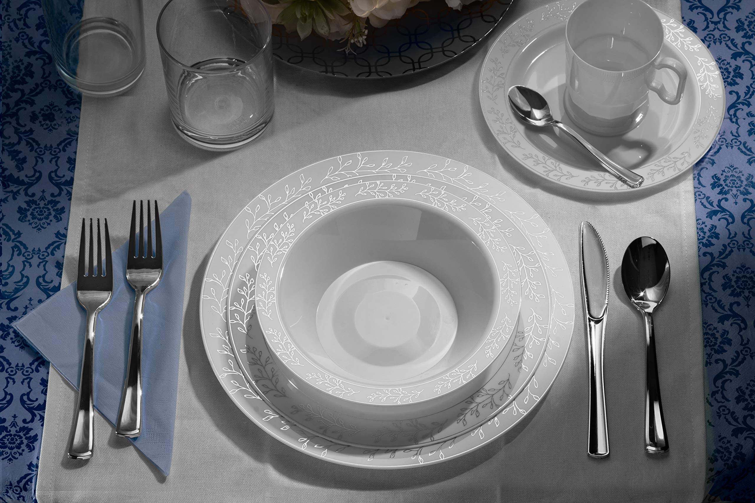 200-Piece Heavyweight Disposable Plastic Dinnerware Set - 40 Silver Leaf Trim Plates, 40 Dessert Plates & 40 Silver Plastic Cutlery (Forks, Knives, Spoons) - Elegant Party, Wedding, Picnic, and Outdoor Dining Essentials