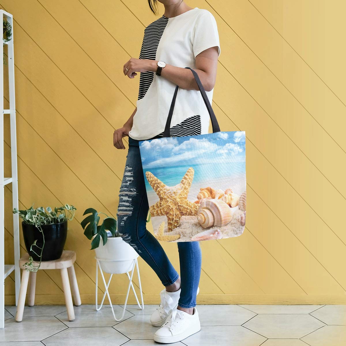 ALAZA Starfish Seashell Beach Canvas Tote Bag - Large Reusable Cotton Shoulder Purse for Women | Perfect for Summer Travel, Work, Shopping & Grocery Trips