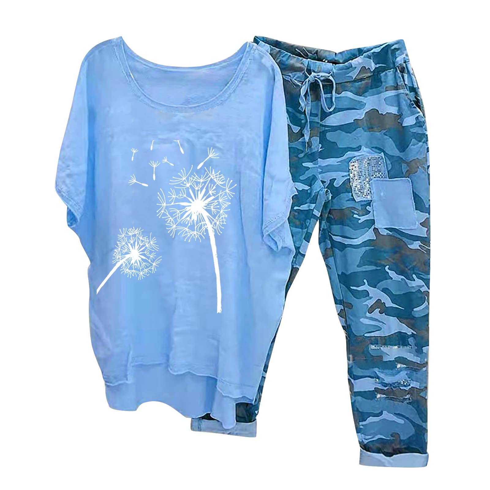 Women's Linen Pants Set - 2 Piece Summer Outfit with Loose Baggy Pants & 3/4 Sleeve Top - Casual Plus Size Loungewear for Home, Travel & Beach Vacation