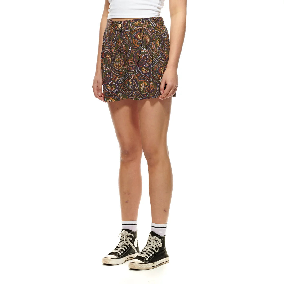 Stussy Paisley Print High Waisted Denim Shorts for Women - Vintage Streetwear Fashion for Summer Outfits & Music Festivals