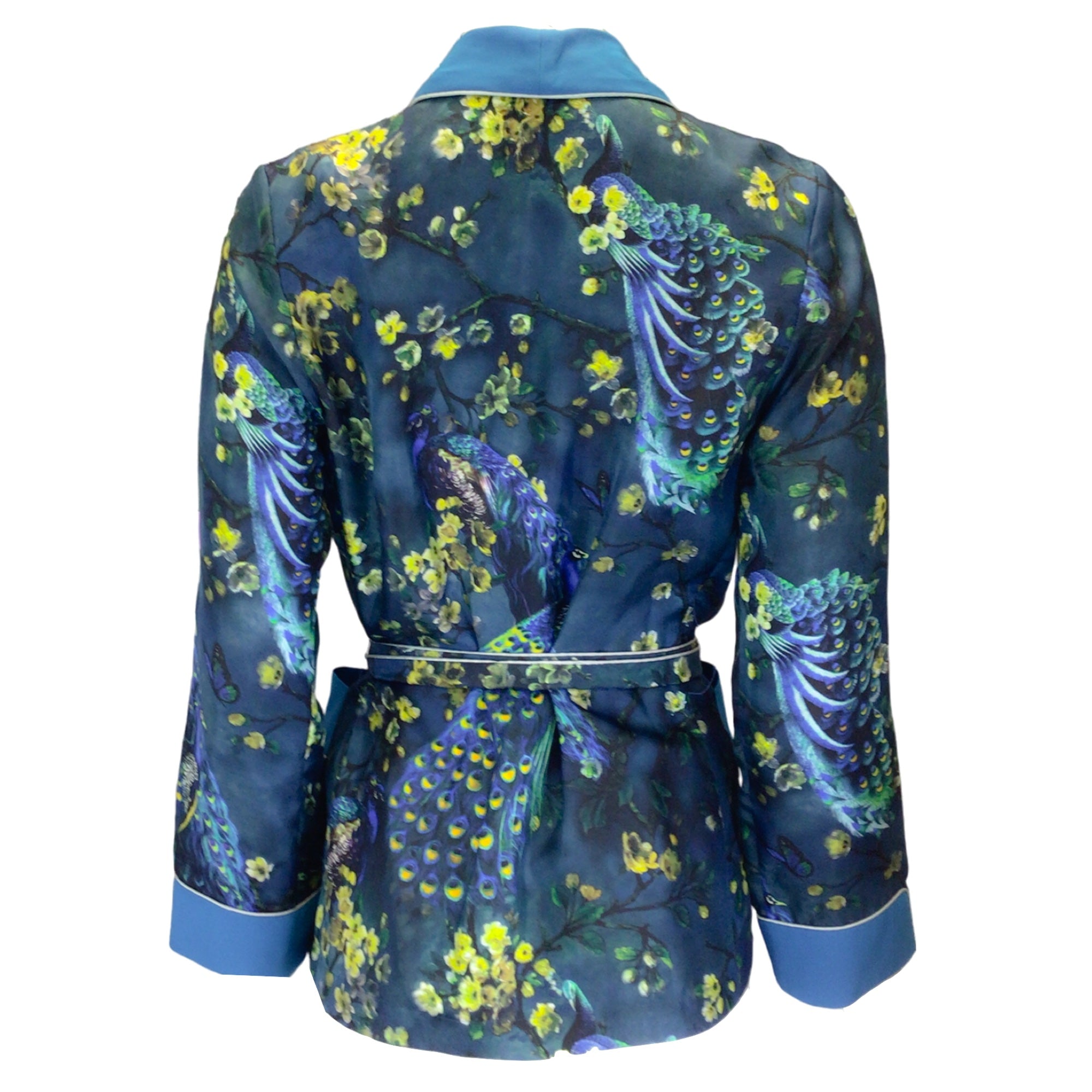 Blue & Green Multi Floral Peacock Print Belted Silk Jacket for Women - Elegant Sleepwear & Loungewear for Restless Sleepers - Perfect for Bedtime, Relaxing at Home, and Stylish Comfort