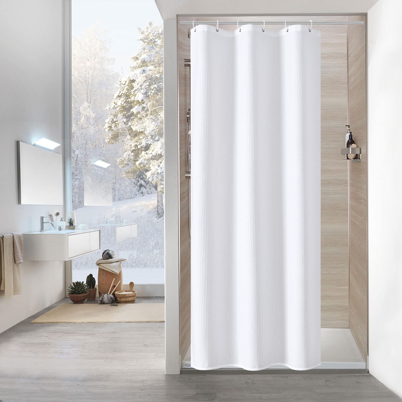 MitoVilla White Waffle Weave Small Stall Shower Curtain 36x72 Inches - Farmhouse Half Size Bathroom Curtain with Weighted Hem - Narrow Fabric Shower Curtain for Bathroom Decor - Perfect for Small Bathrooms, RVs & Tiny Homes