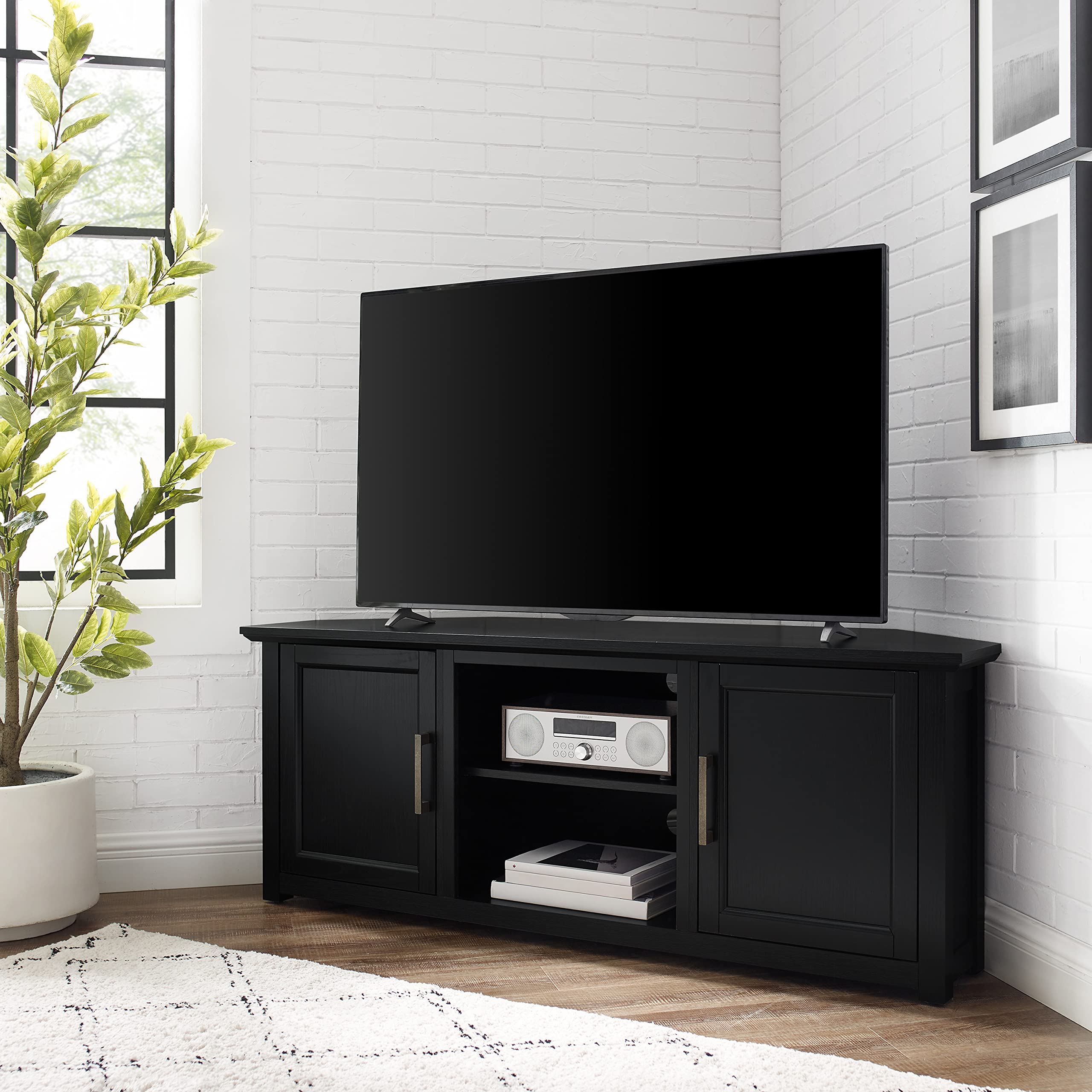 Crosley Camden Corner TV Stand for 65+ Inch TVs - Black Entertainment Center with Storage Shelves | Perfect for Living Room, Bedroom & Home Theater Setup