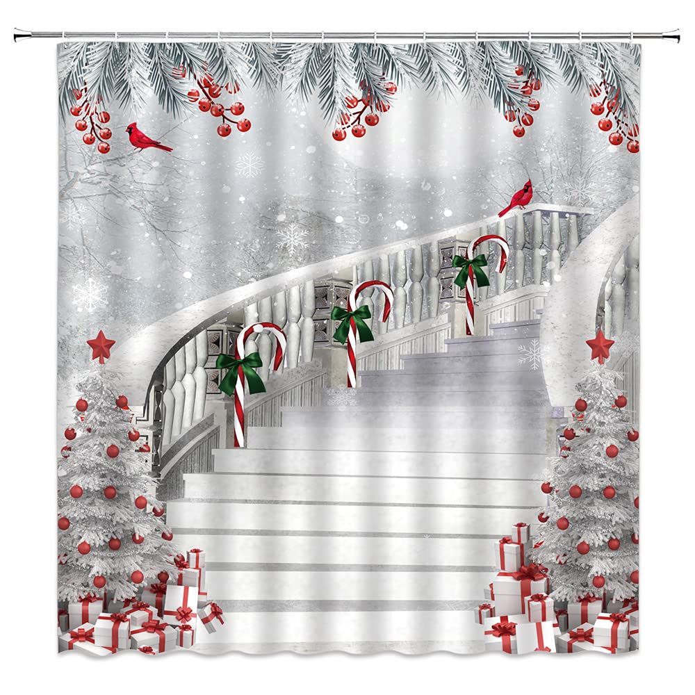 Merry Christmas Shower Curtain - Festive Xmas Tree with Cardinals, Pine Twigs & Snowflakes Holiday Bathroom Decor - Gray Fabric Set with Hooks | Perfect for Winter Bathroom Decorations & New Year Celebrations