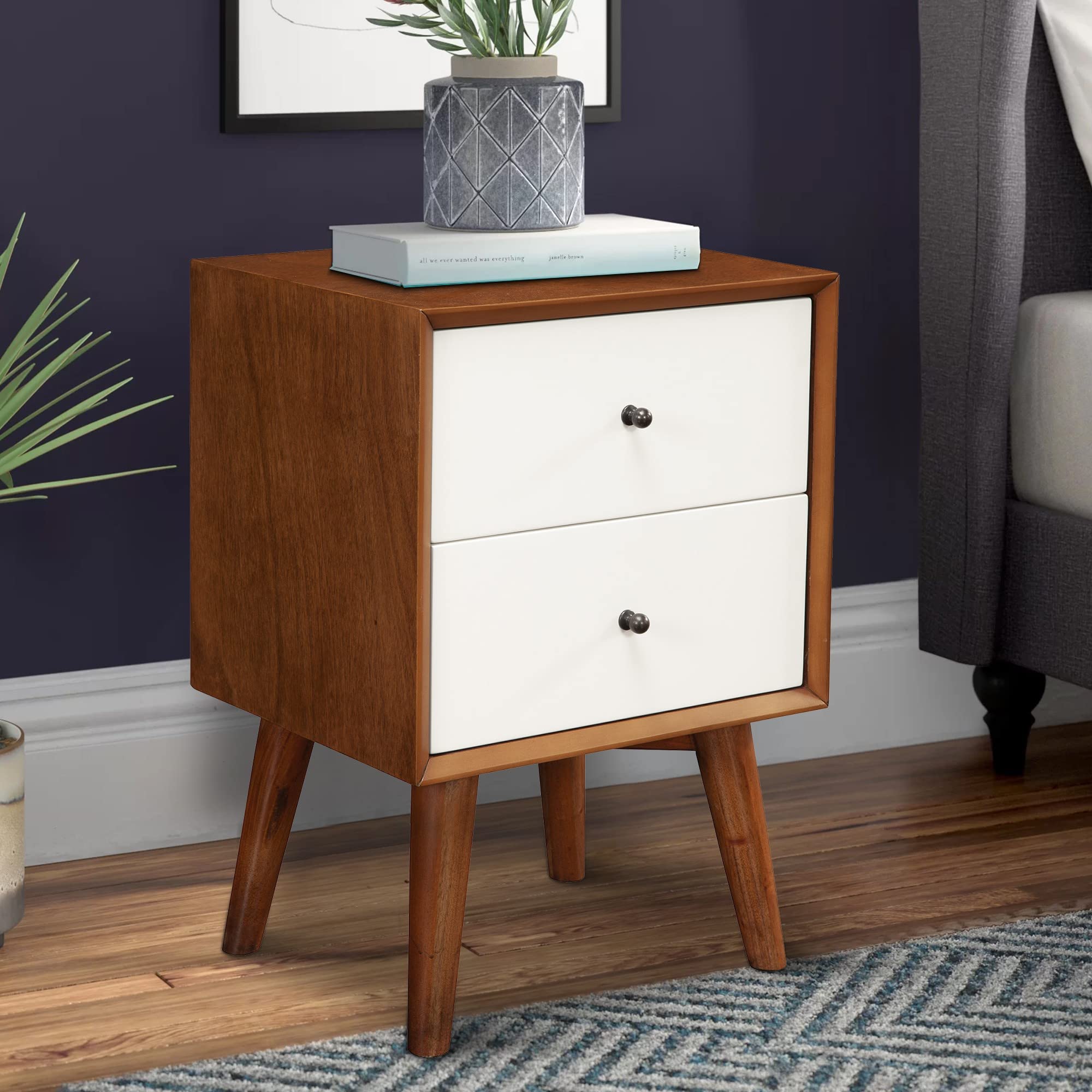 Benjara Modern Wooden Nightstand with 2 Drawers & Flared Legs - Brown & White Finish for Bedroom, Living Room, or Nursery Furniture