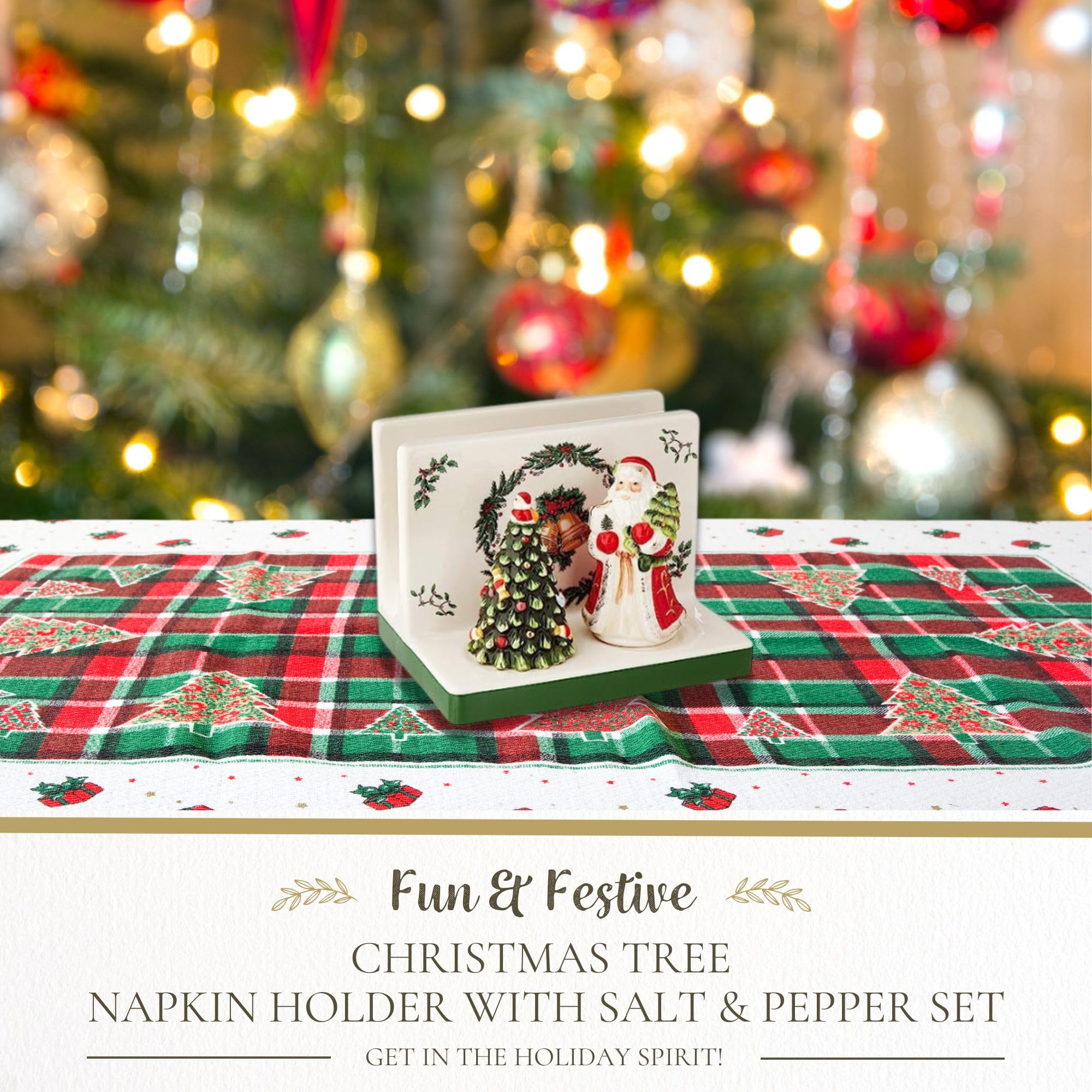 Spode Christmas Tree 3-Piece Hostess Set - Santa & Tree Figural Napkin Holder, Salt & Pepper Shakers - Festive Earthenware Holiday Entertaining Collection - Perfect for Christmas Decor, Dinner Parties & Gift Giving