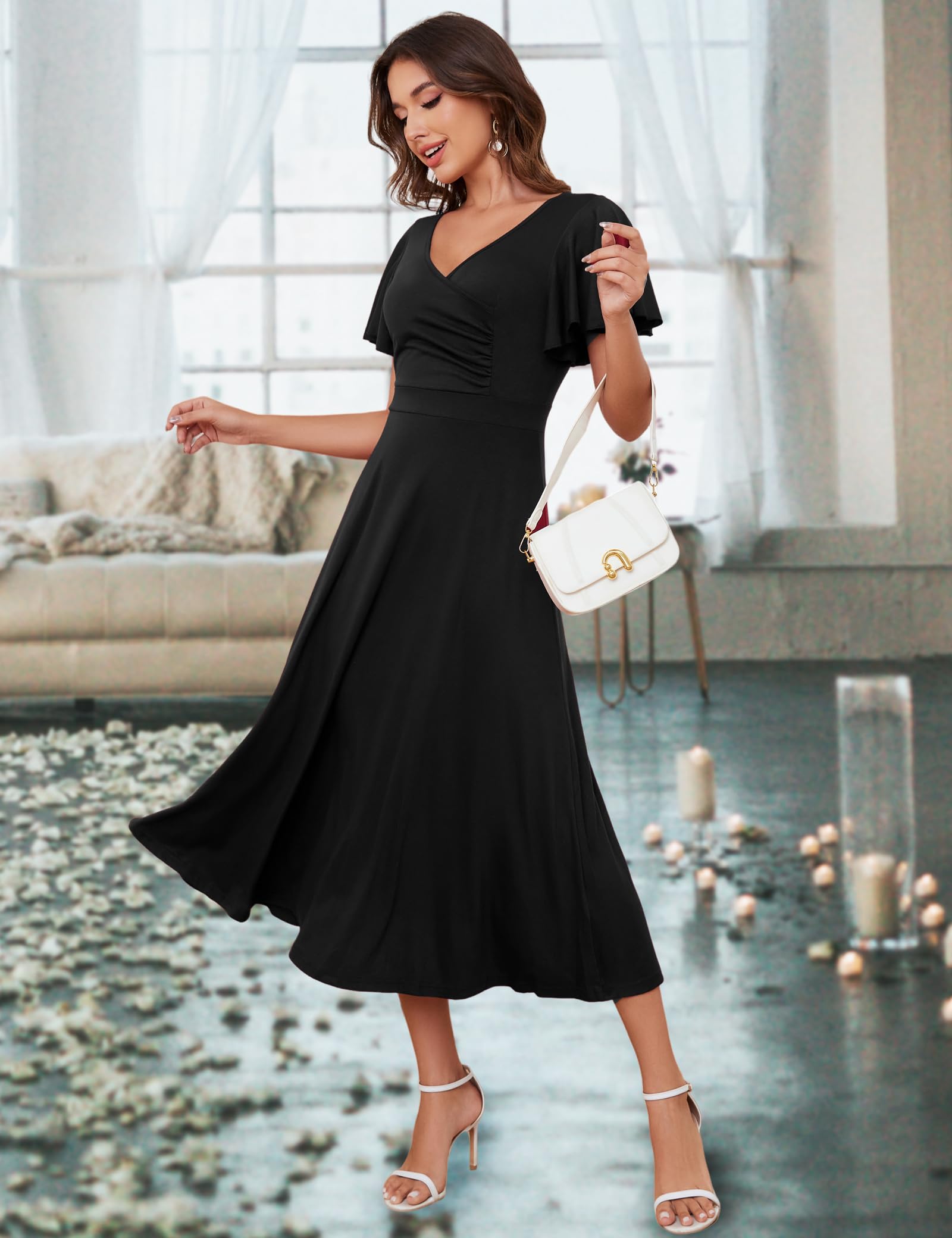 MidnightSun Women's Wrap V-Neck Cocktail Party Midi Dress with Ruffle Short Sleeves - Elegant Formal Wedding Guest Dress for Evening Events, Bridal Showers & Special Occasions