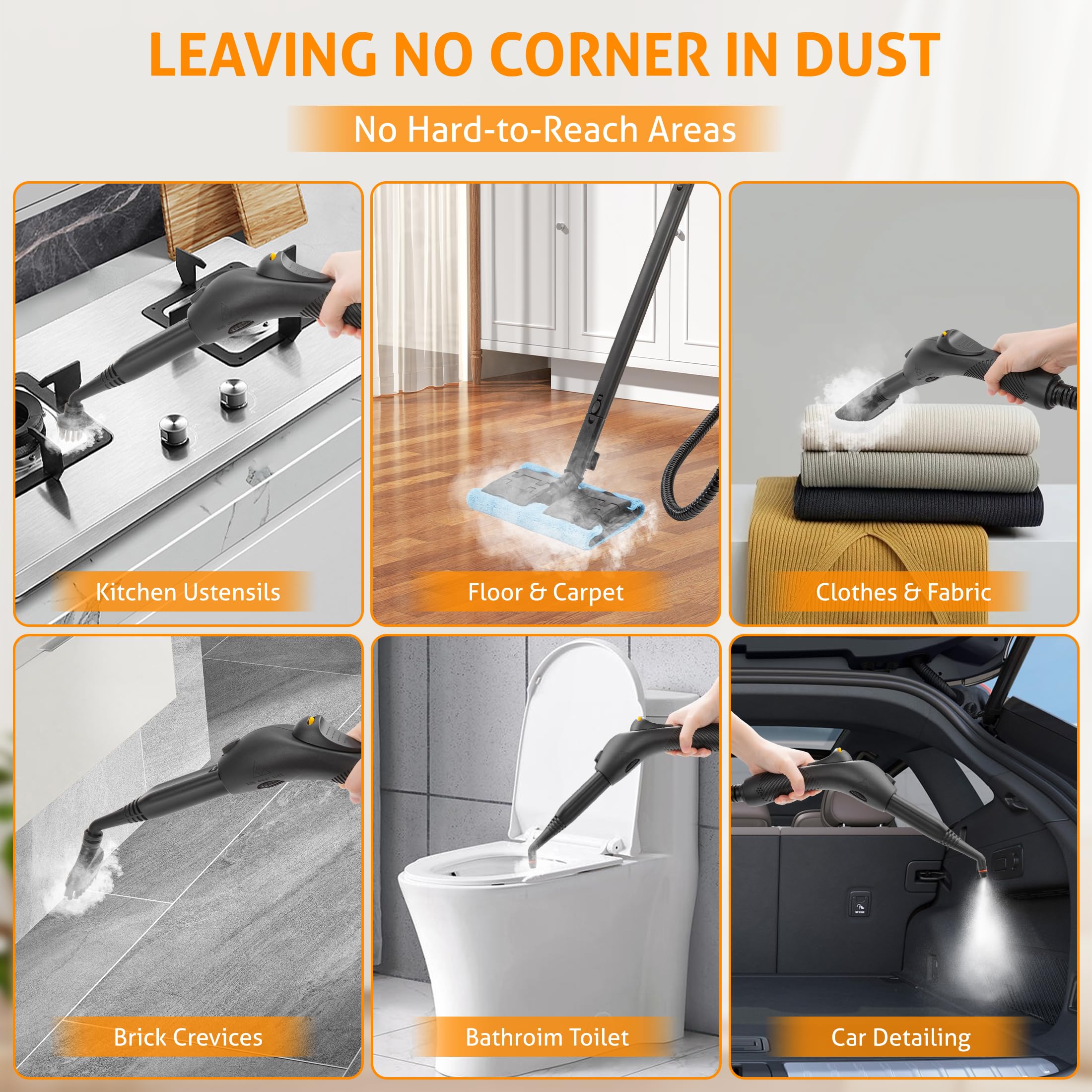 WICHEMI 1500W Multipurpose Steam Cleaner - High Pressure High-Temperature Steamer with 1.5L Tank & Wheels for Home, Car Detailing - Perfect for Cleaning Floors, Carpets, Upholstery, Kitchen, Bathroom & More
