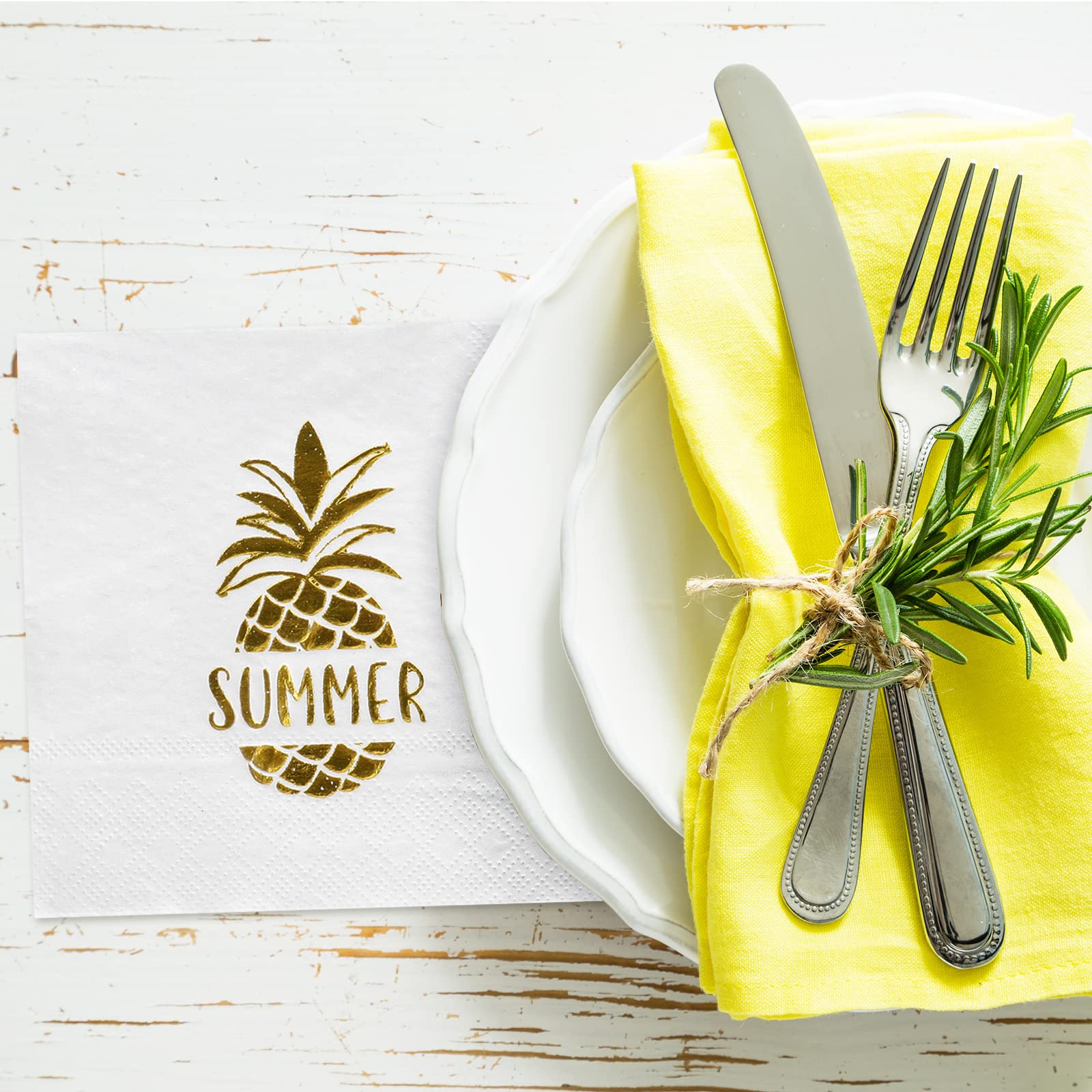 AnyDesign 100-Pack 5x5 Inch Gold Foil Pineapple Cocktail Napkins - Disposable White Summer Party Paper Napkins for Birthdays, Baby Showers, Beach & Pool Parties - Perfect for Tropical Themed Events & Outdoor Gatherings