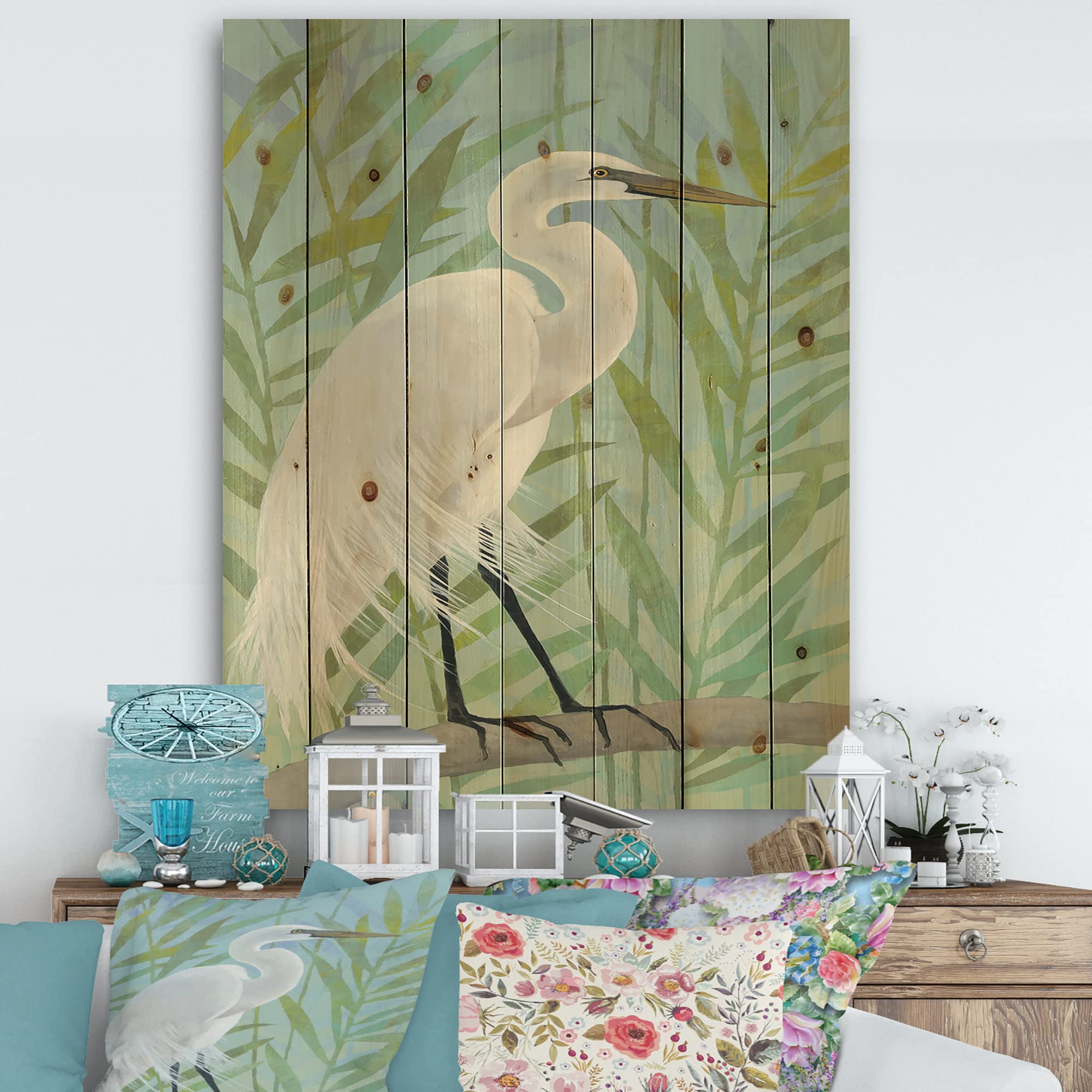DesignQ Heron By The Shore - Farmhouse Style Wood Wall Art Decor, White Large Animal Wall Panel Printed on Natural Pine Wood - Perfect for Living Room, Bedroom, or Office Decoration